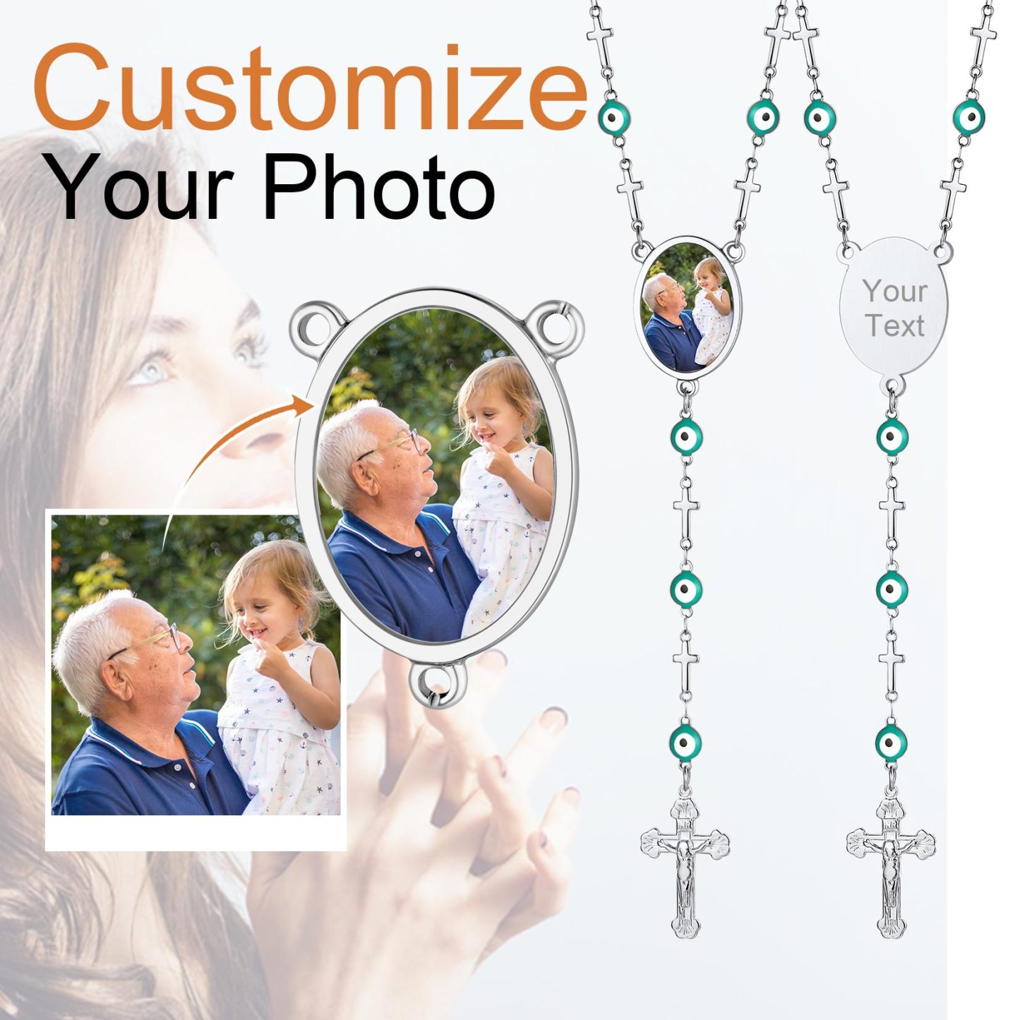 Personalized Photo Beads Catholic Cross Necklace for Women Men 