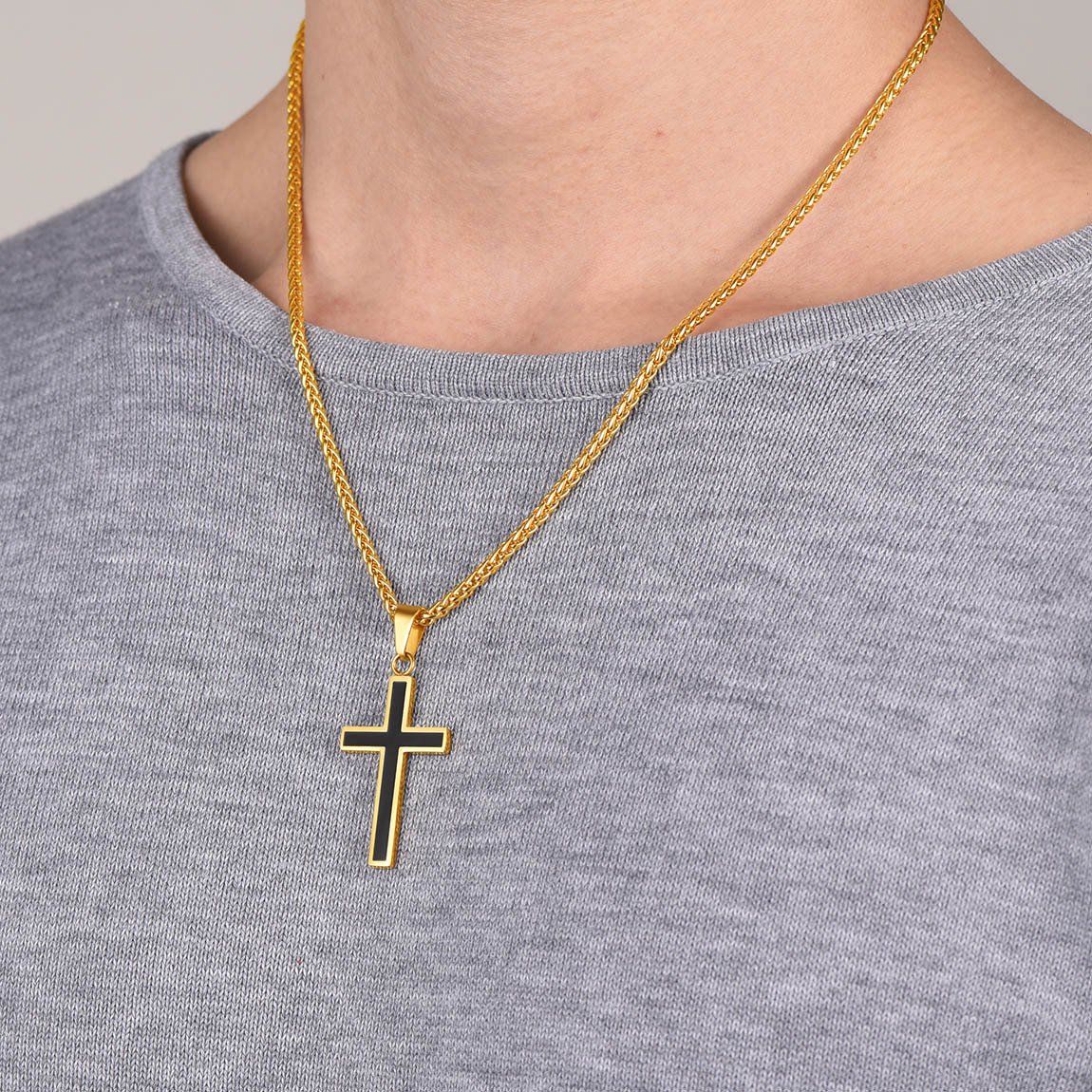 Custom Engravable Cross Necklace for Men With Wheat Chain