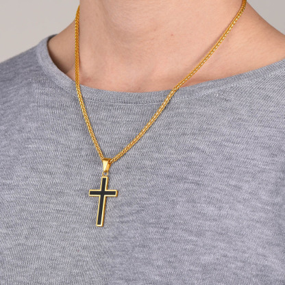 Custom Engravable Cross Necklace for Men With Wheat Chain