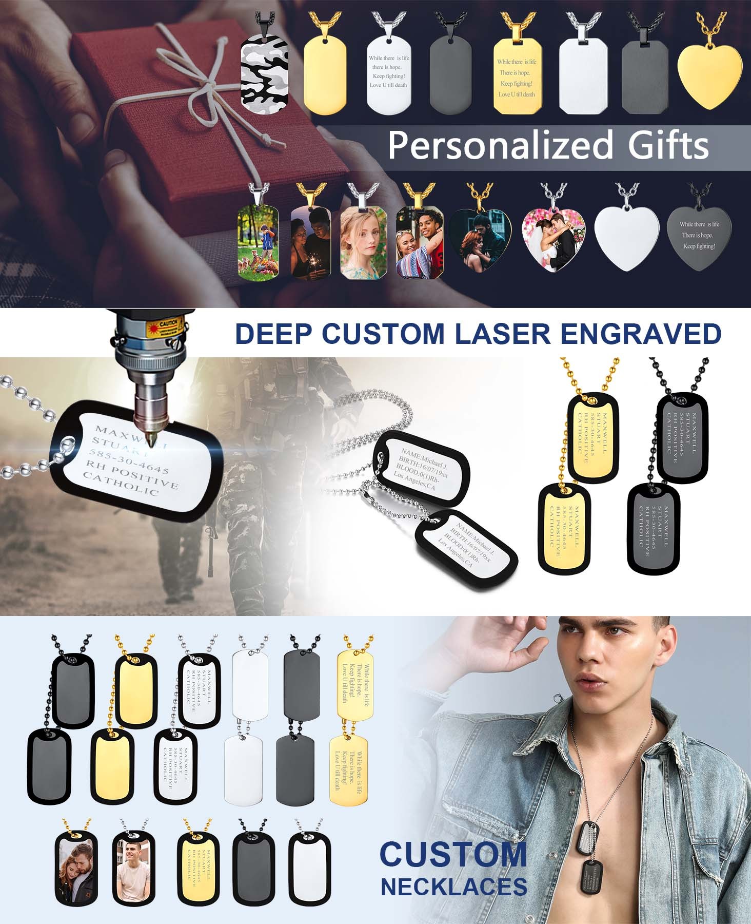 Personalized Dog Tags Stainless Steel Engraved ID Necklace for Men