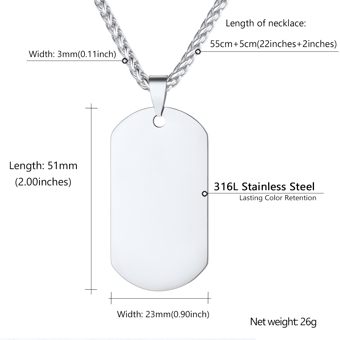Custom Engraved Double-Sided Dog Tag Necklace for Men Silver Size