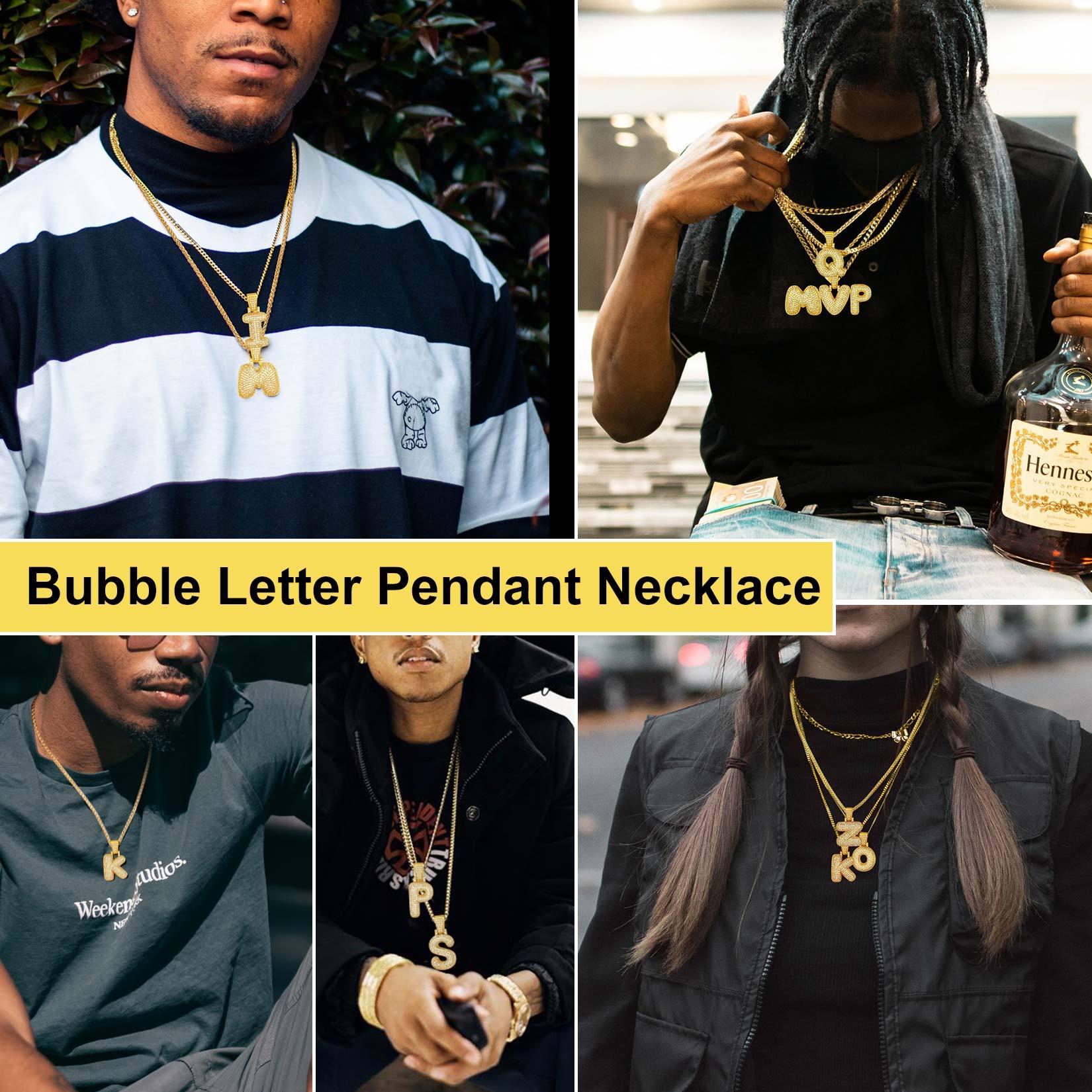 Custom Bubble Initial CZ Diamond Pendant Necklace with Letter