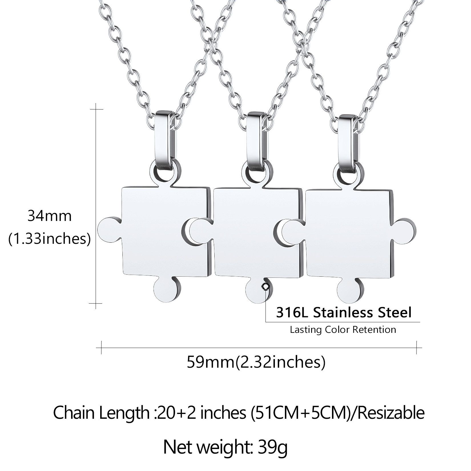 Personalized Engraved Matching Puzzle Friendship BFF Necklace 3pcs detail