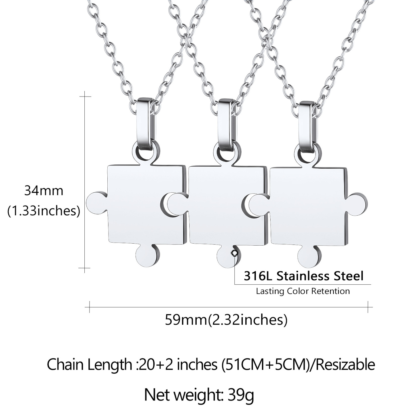 Personalized Engraved Matching Puzzle Friendship BFF Necklace 3pcs detail