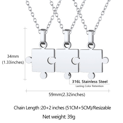 Personalized Engraved Matching Puzzle Friendship BFF Necklace 3pcs detail