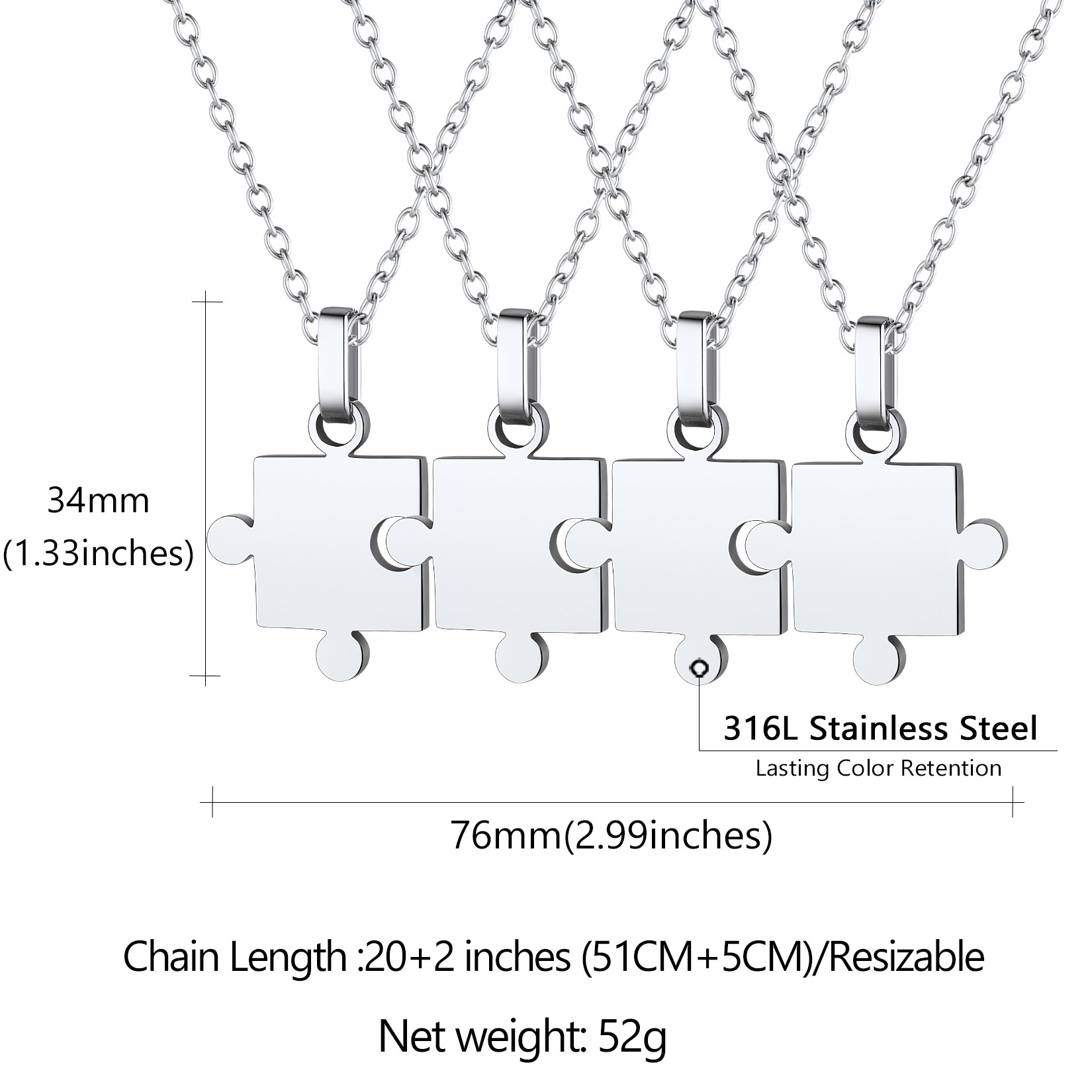 Custom Engraved Matching Puzzle BFF Necklace for Friends 4pcs size