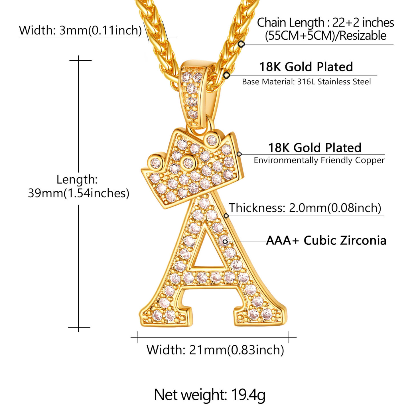 Initial A-Z 18K Gold Plated Crown Shiny Cubic Zirconia Monogram Pendant Necklace SIZE