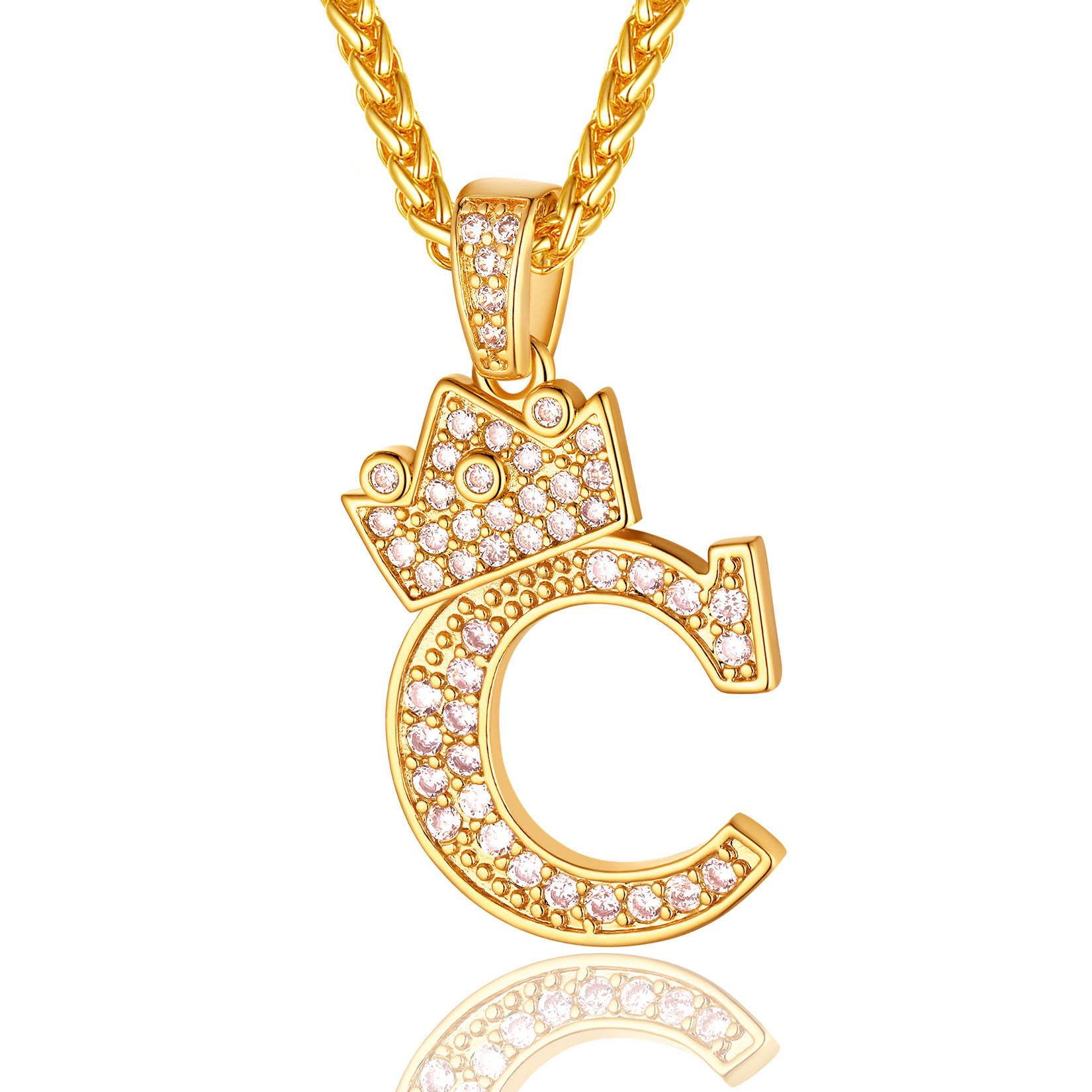 Initial A-Z 18K Gold Plated Crown Shiny Cubic Zirconia Monogram Pendant Necklace C