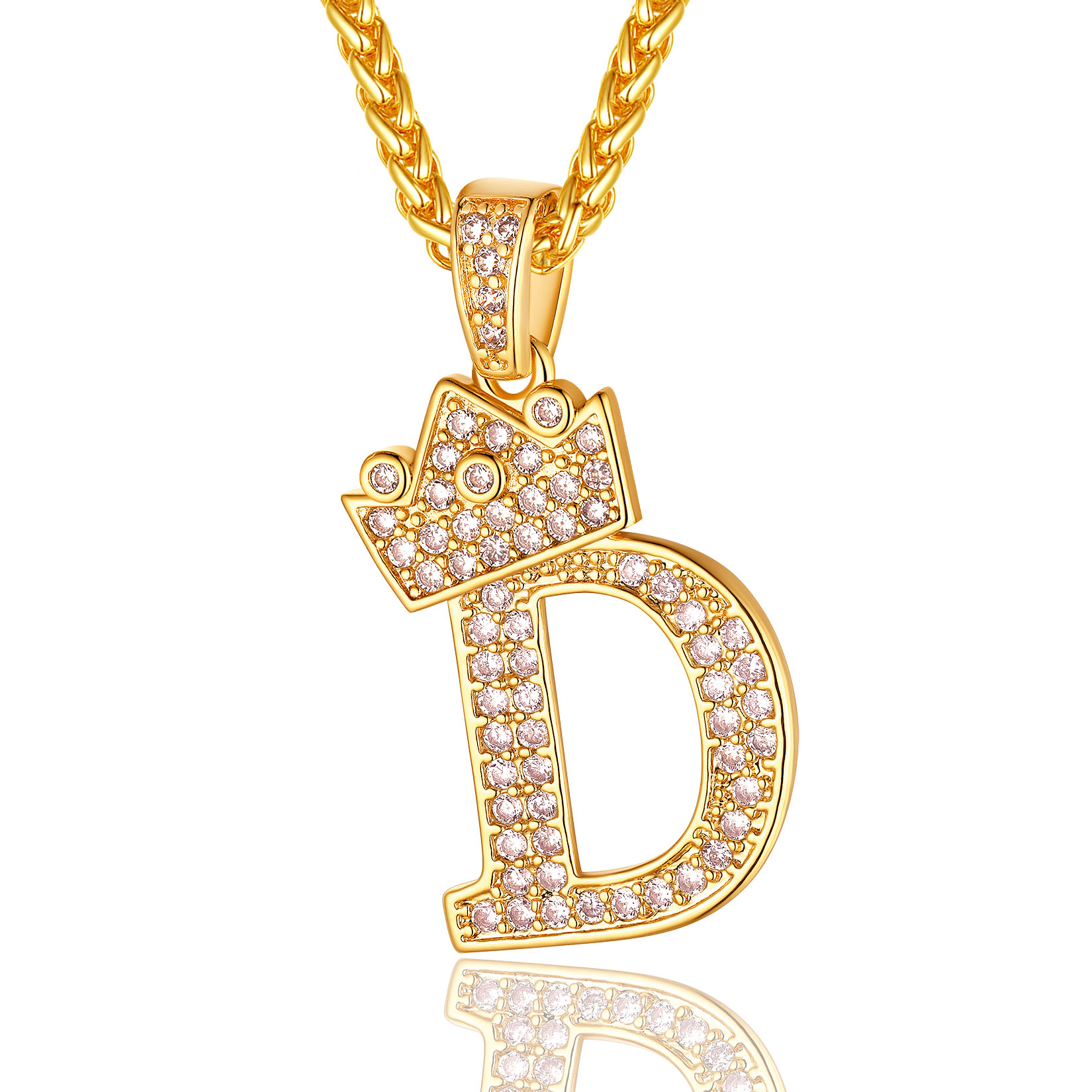 Initial A-Z 18K Gold Plated Crown Shiny Cubic Zirconia Monogram Pendant Necklace D