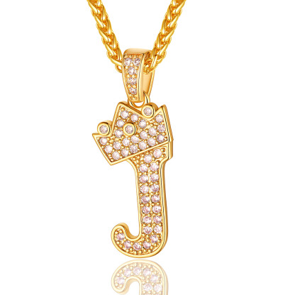 Initial A-Z 18K Gold Plated Crown Shiny Cubic Zirconia Monogram Pendant Necklace J