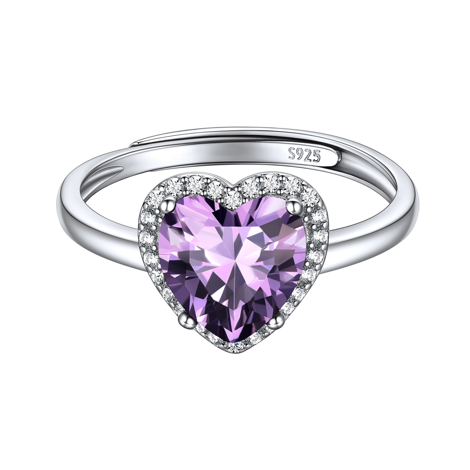 925 Sterling Silver Birthstone Rings for Women Heart Crystal Adjustable Size