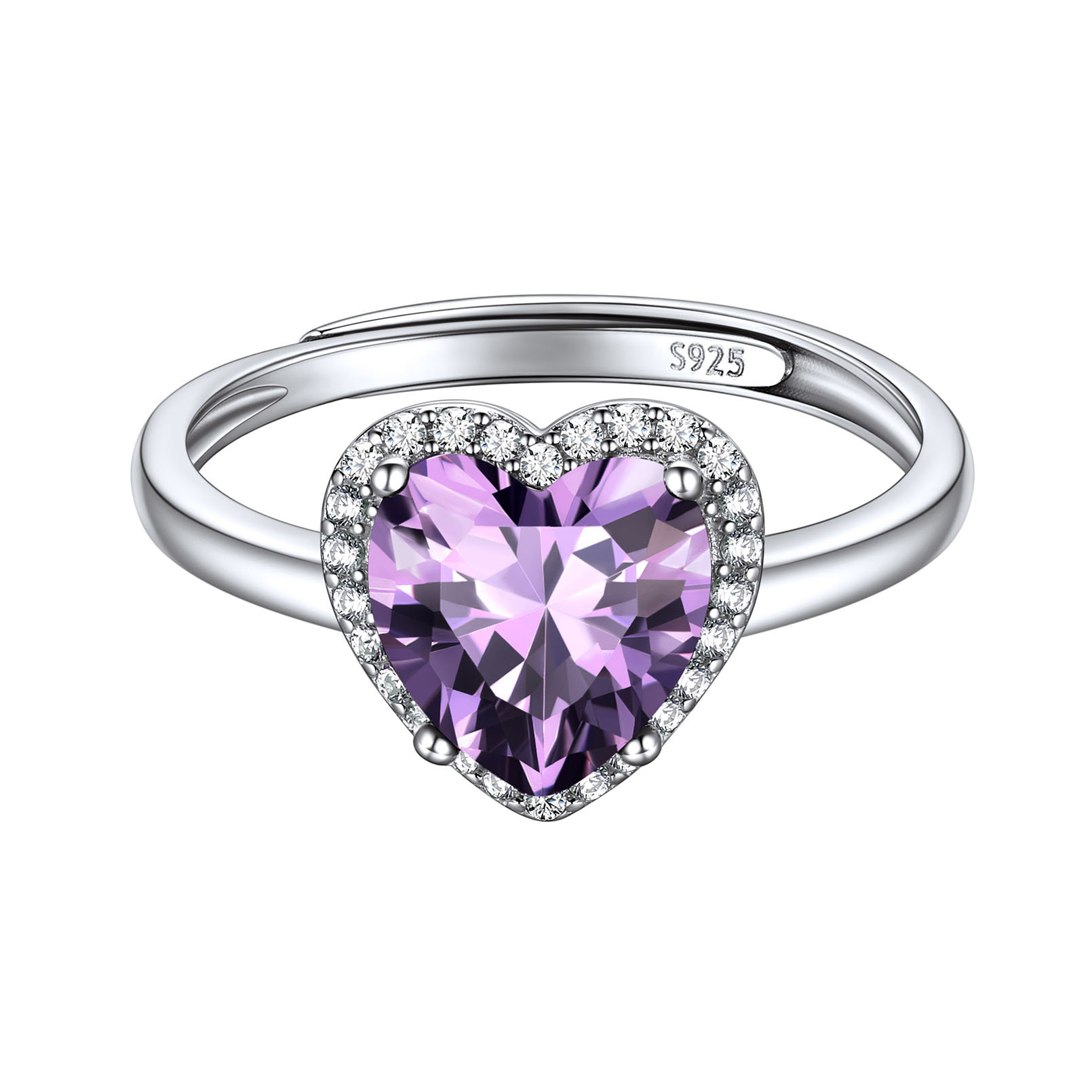 925 Sterling Silver Birthstone Rings for Women Heart Crystal Adjustable Size