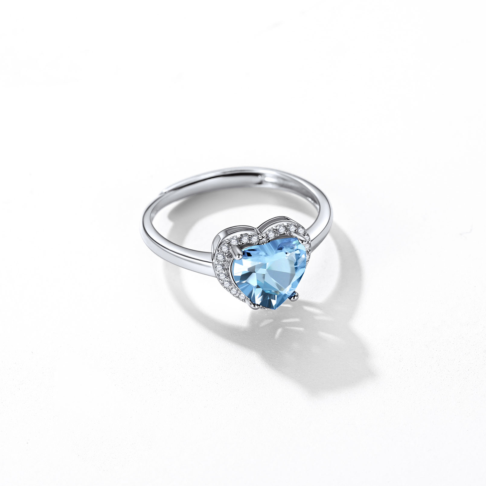 925 Sterling Silver Birthstone Rings for Women Heart Crystal Adjustable blue