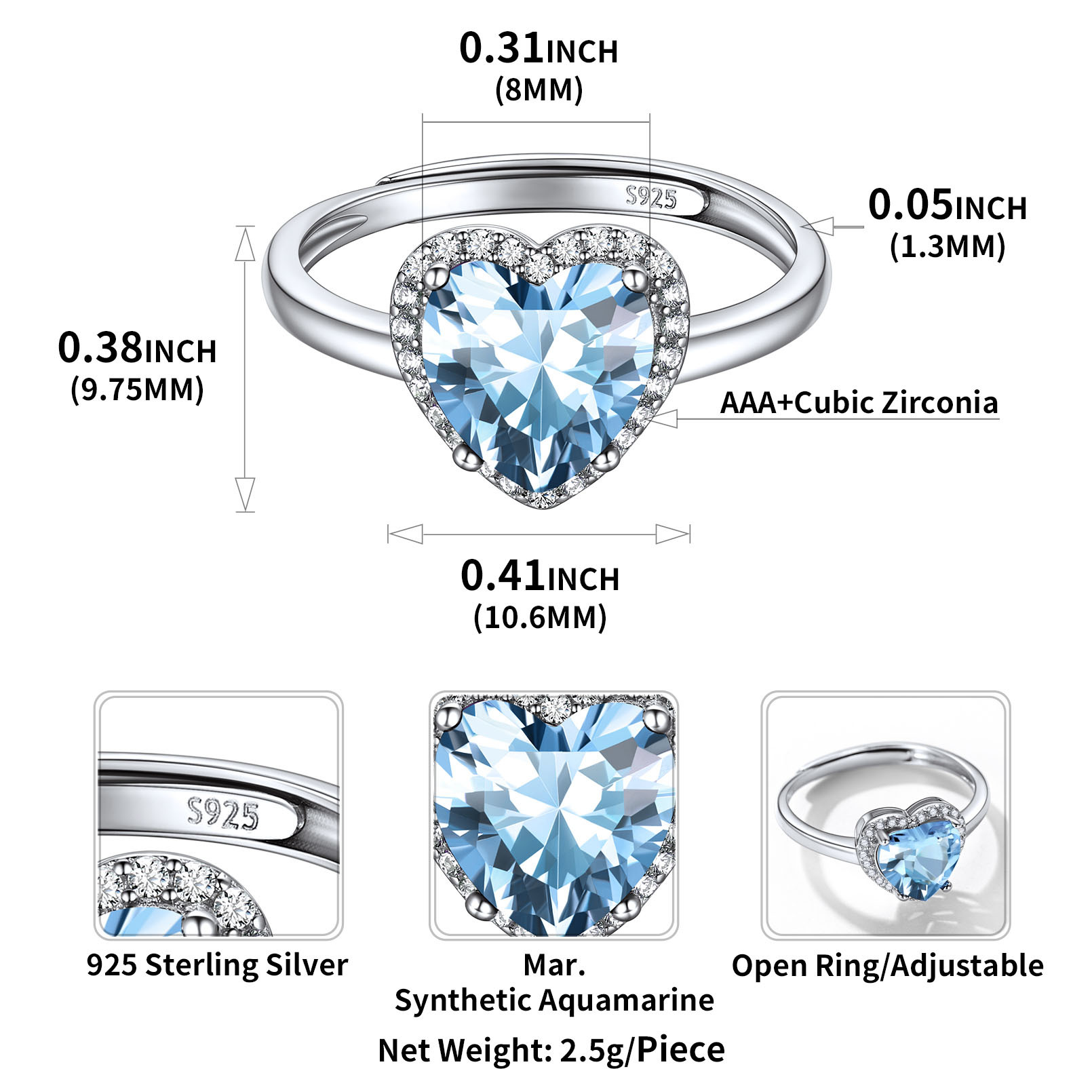 925 Sterling Silver Birthstone Rings for Women Heart Crystal detail