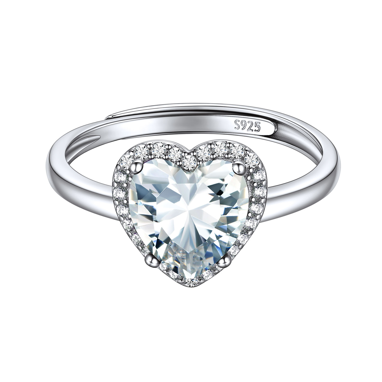 925 Sterling Silver Birthstone Rings for Women Heart Crystal Adjustable Size