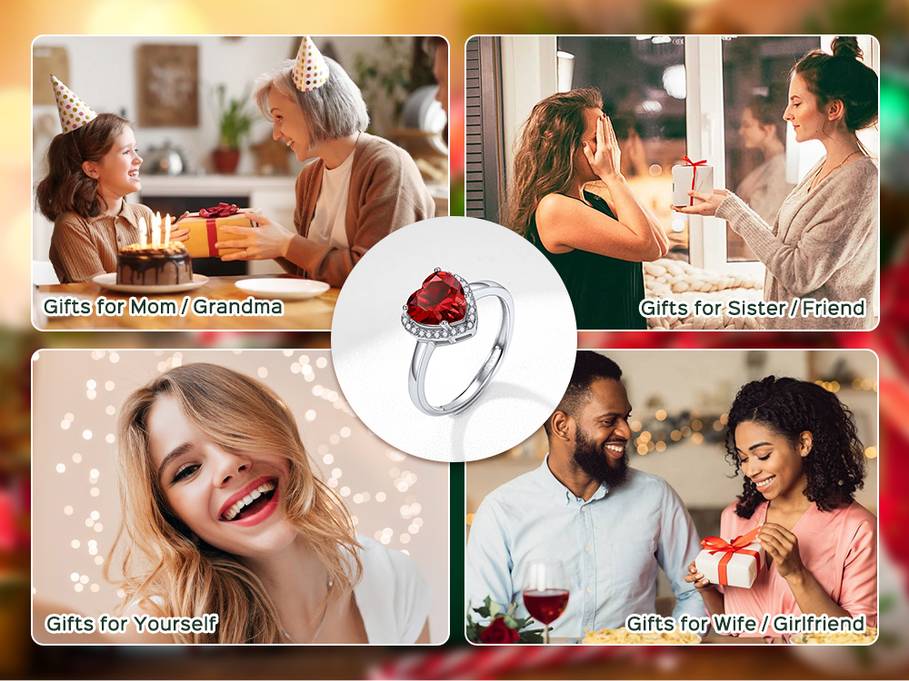 925 Sterling Silver Heart Halo Birthstone Adjustable Rings for Women gift