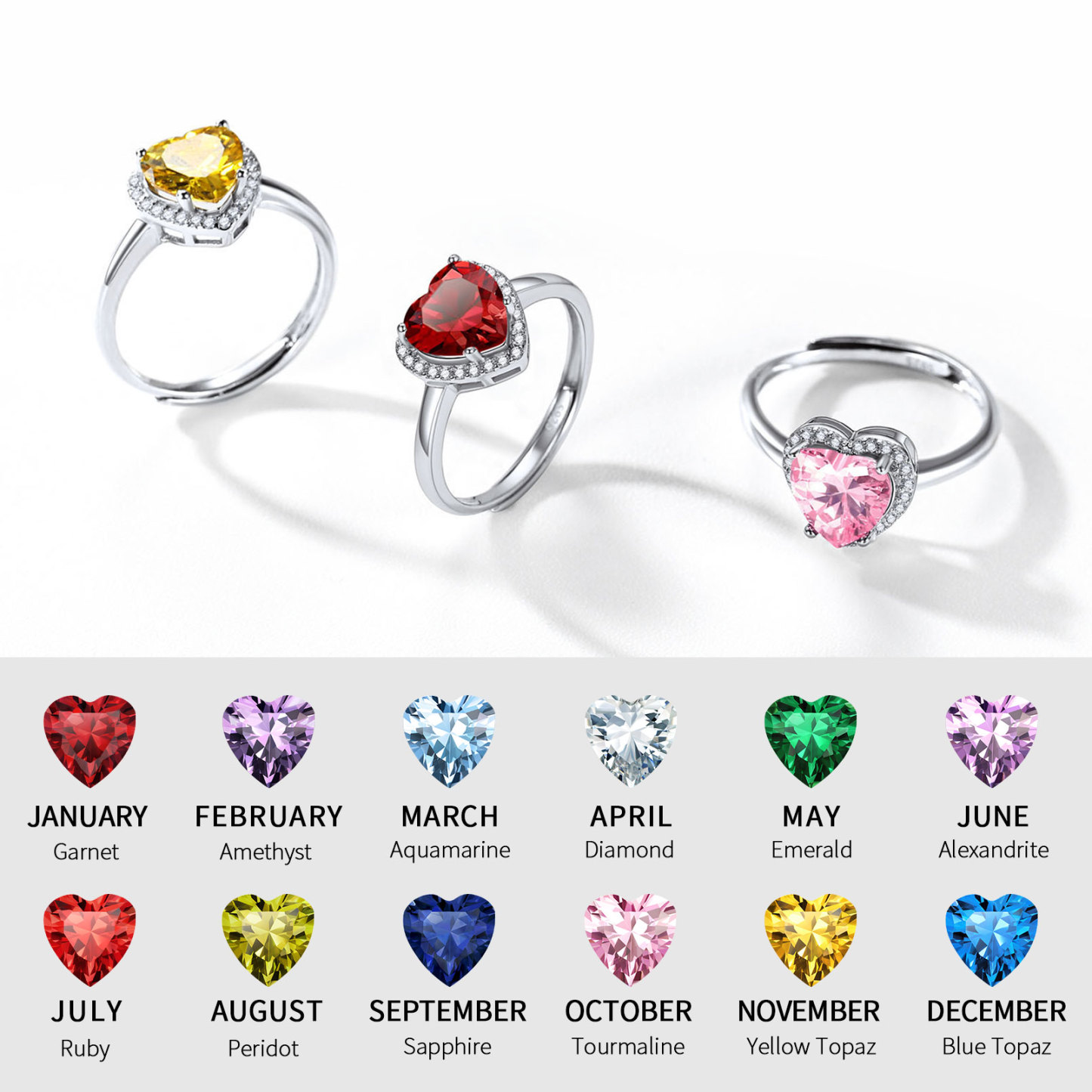 925 Sterling Silver Heart Halo Birthstone Adjustable Rings  collection