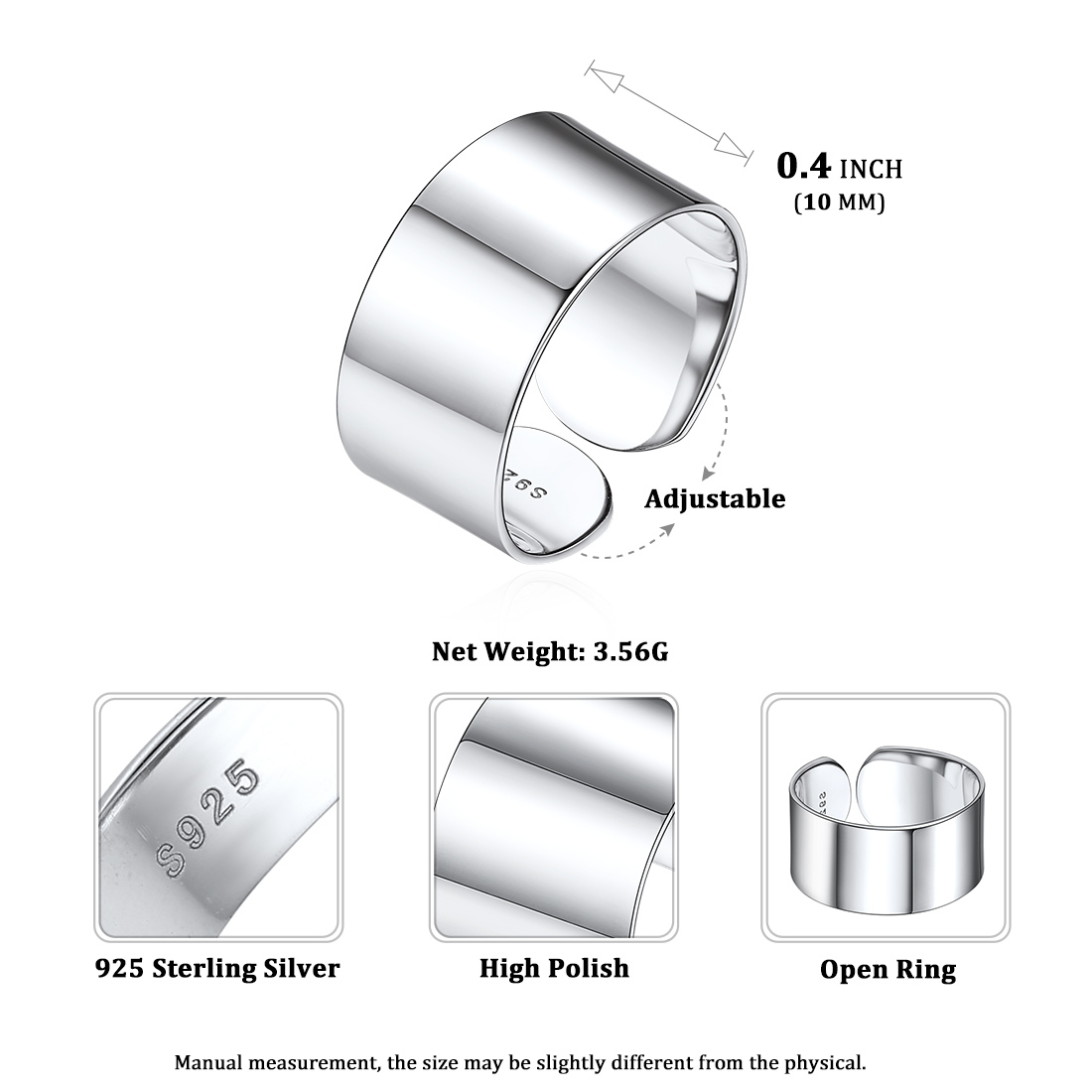 Sterling Silver Engagement Band Engraved Adjustable Cuff Ring 10mm detail