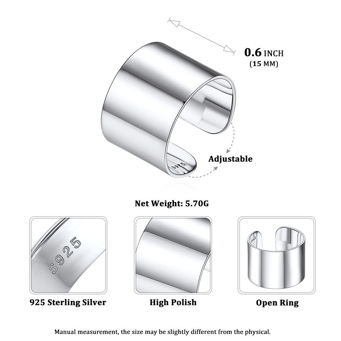 Sterling Silver Engagement Band Engraved Adjustable Cuff Ring 15mm detail