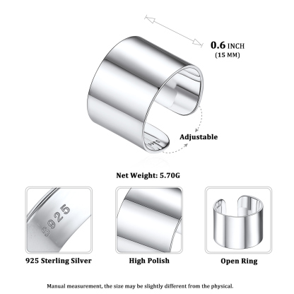 Sterling Silver Engagement Band Engraved Adjustable Cuff Ring 15mm detail