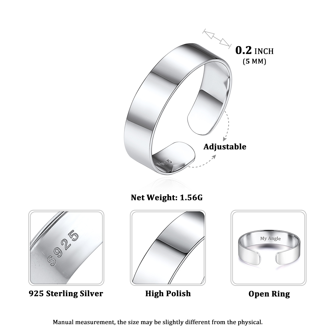 Sterling Silver Engagement Band Engraved Adjustable Cuff Ring 5mm detail
