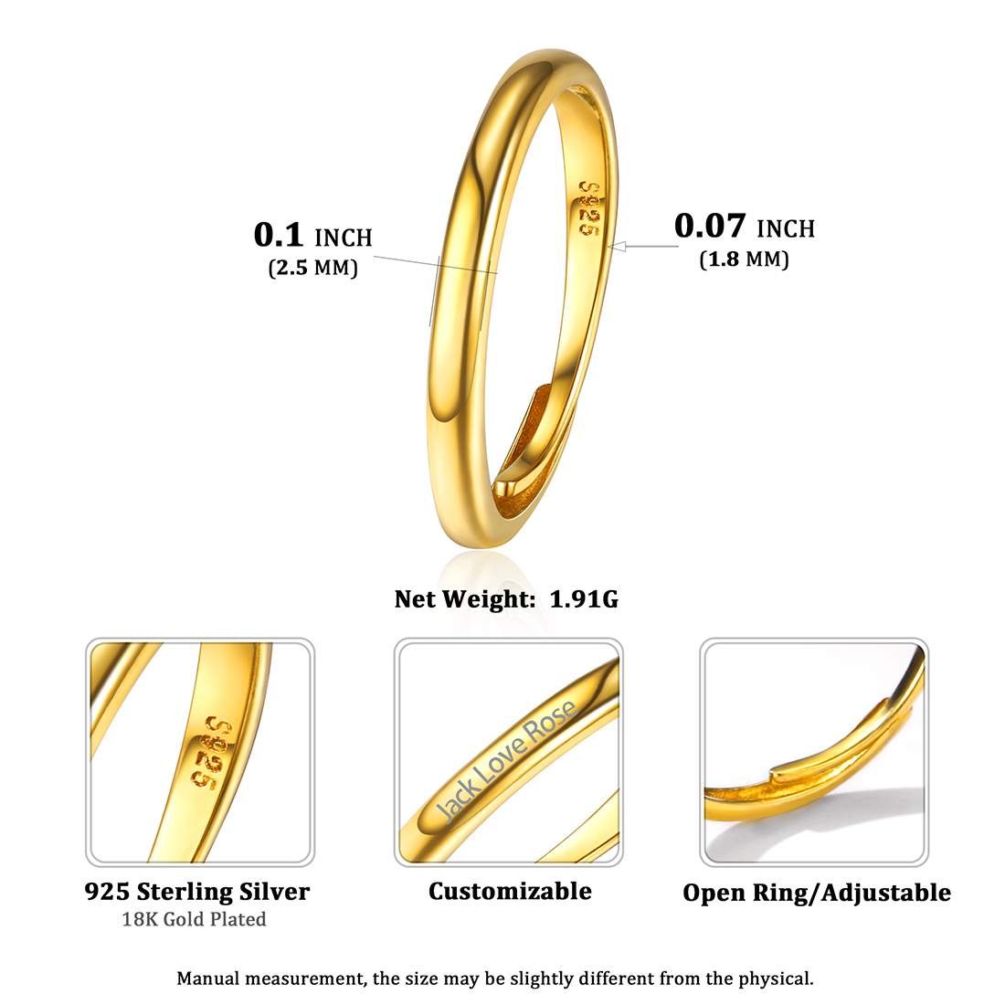 925 Sterling Silver Engravable Adjustable Ring Band For Couple size