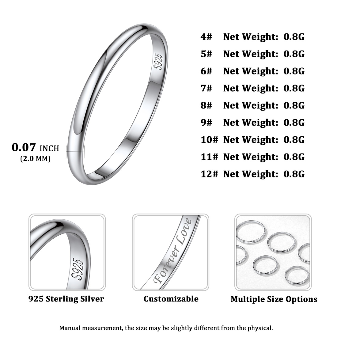 Personalized Sterling Silver Band Ring for Women Silver Size