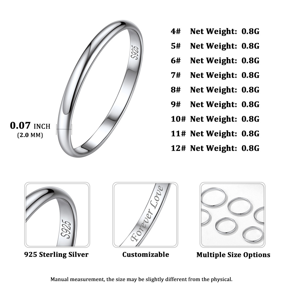 Personalized Sterling Silver Band Ring for Women Silver Size