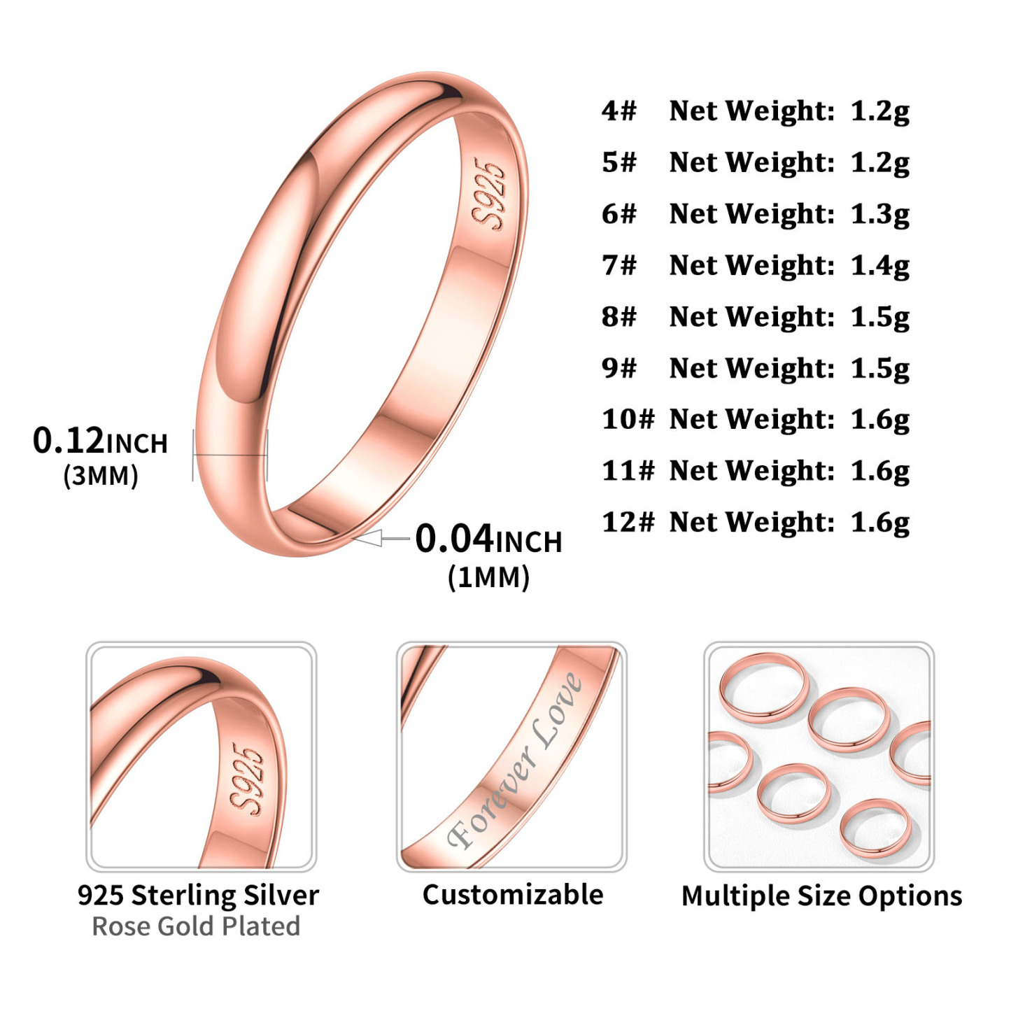 Personalized Sterling Silver Band Ring for Women Rose Gold Size