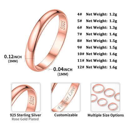 Personalized Sterling Silver Band Ring for Women Rose Gold Size