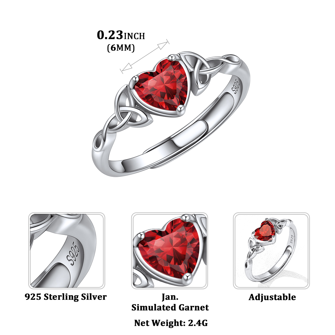 Sterling Silver Adjustable Celtic Knot Birthstone Heart Ring for Women detail