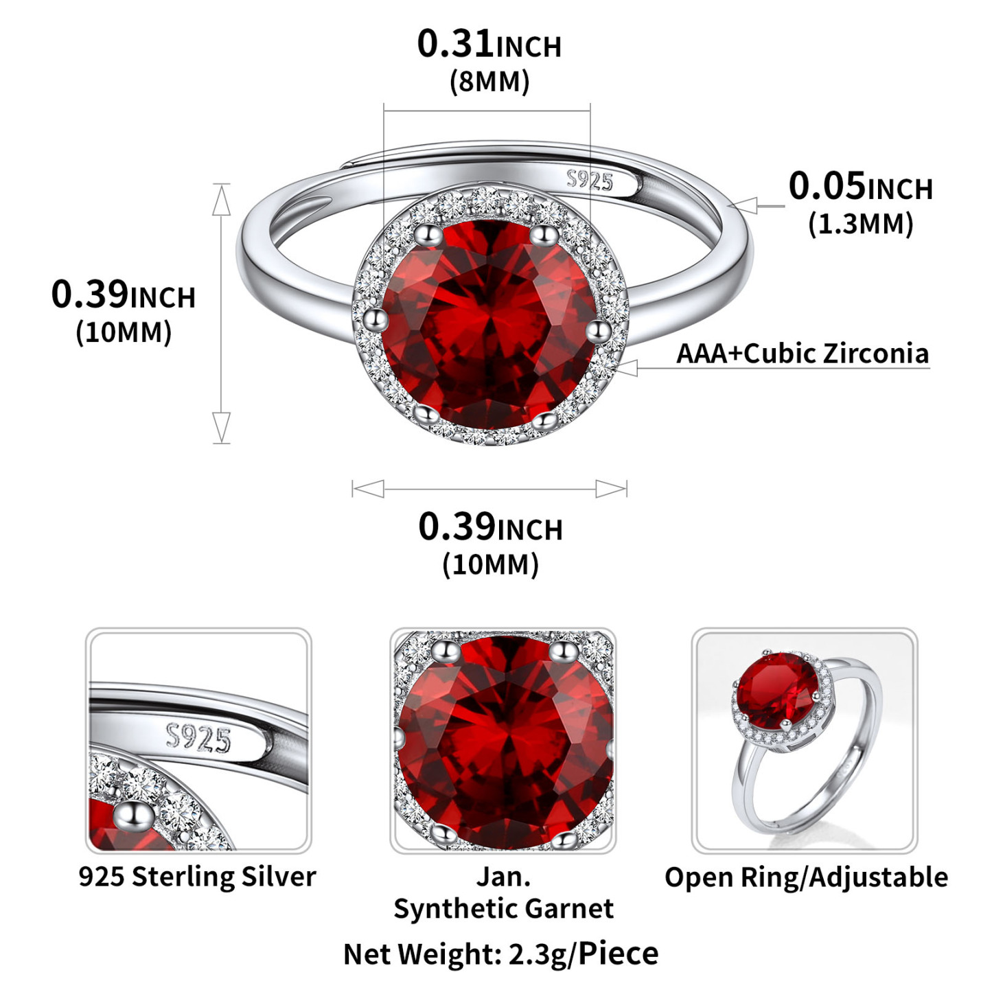 925 Sterling Silver Birthstone Round Adjustable Ring for Women SIZE