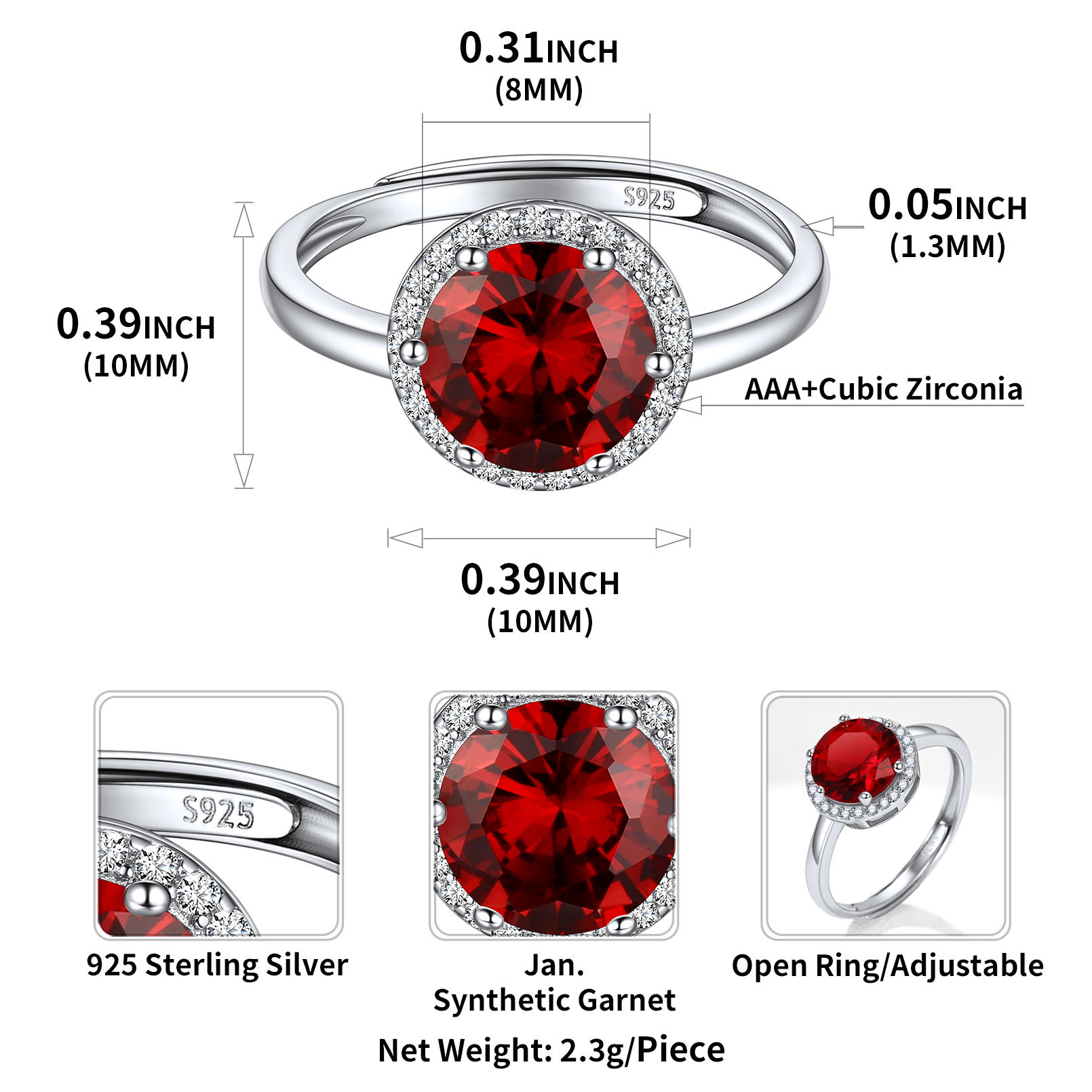 925 Sterling Silver Birthstone Round Adjustable Ring for Women SIZE