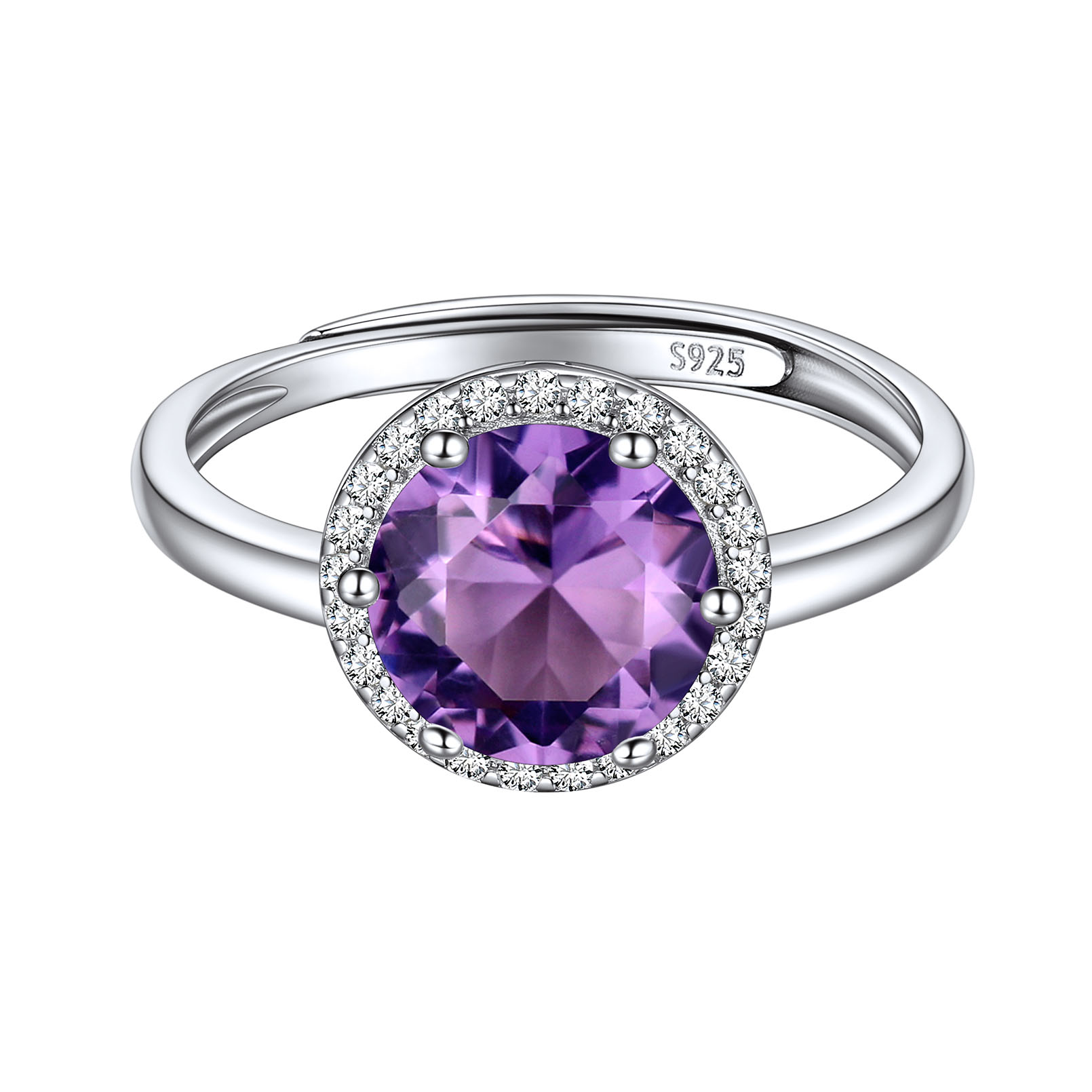 925 Sterling Silver Birthstone Round Adjustable Ring for Women Feb