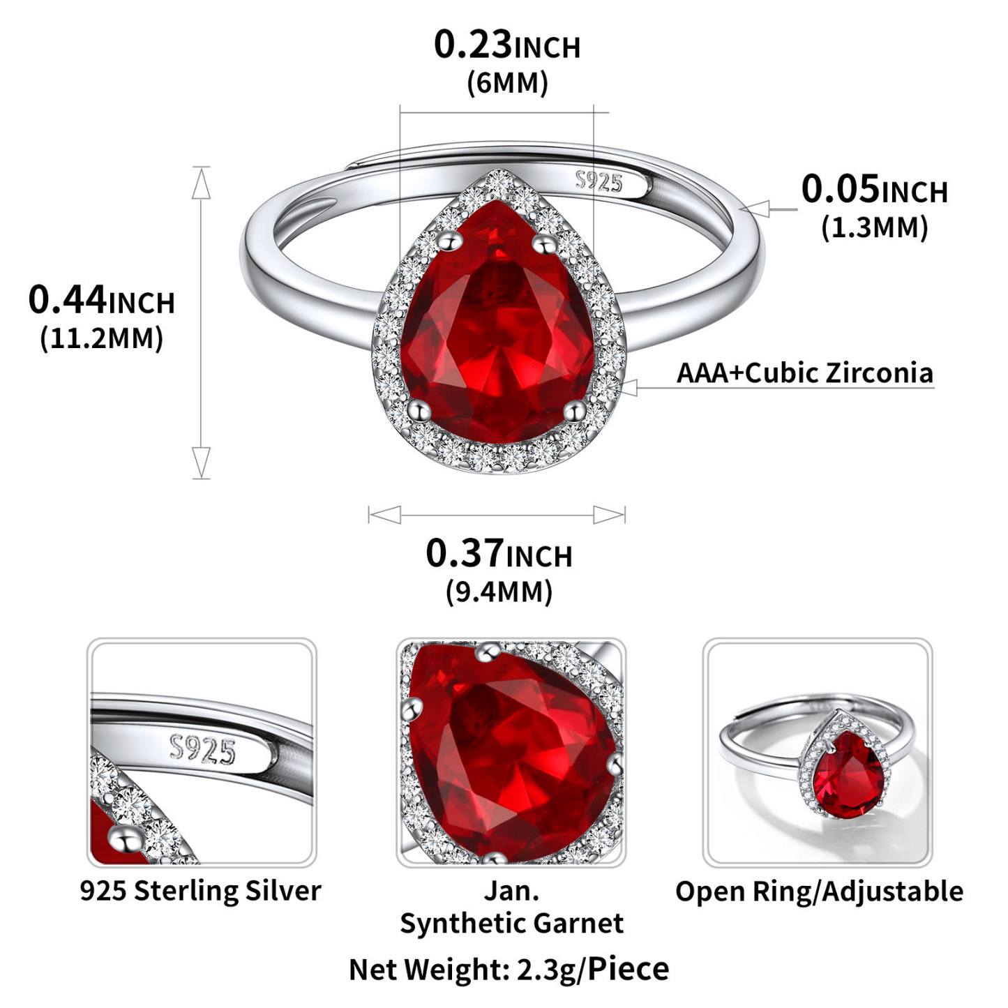 Birthstone Sterling Silver Pear Shape Promise Ring for Women SIZE