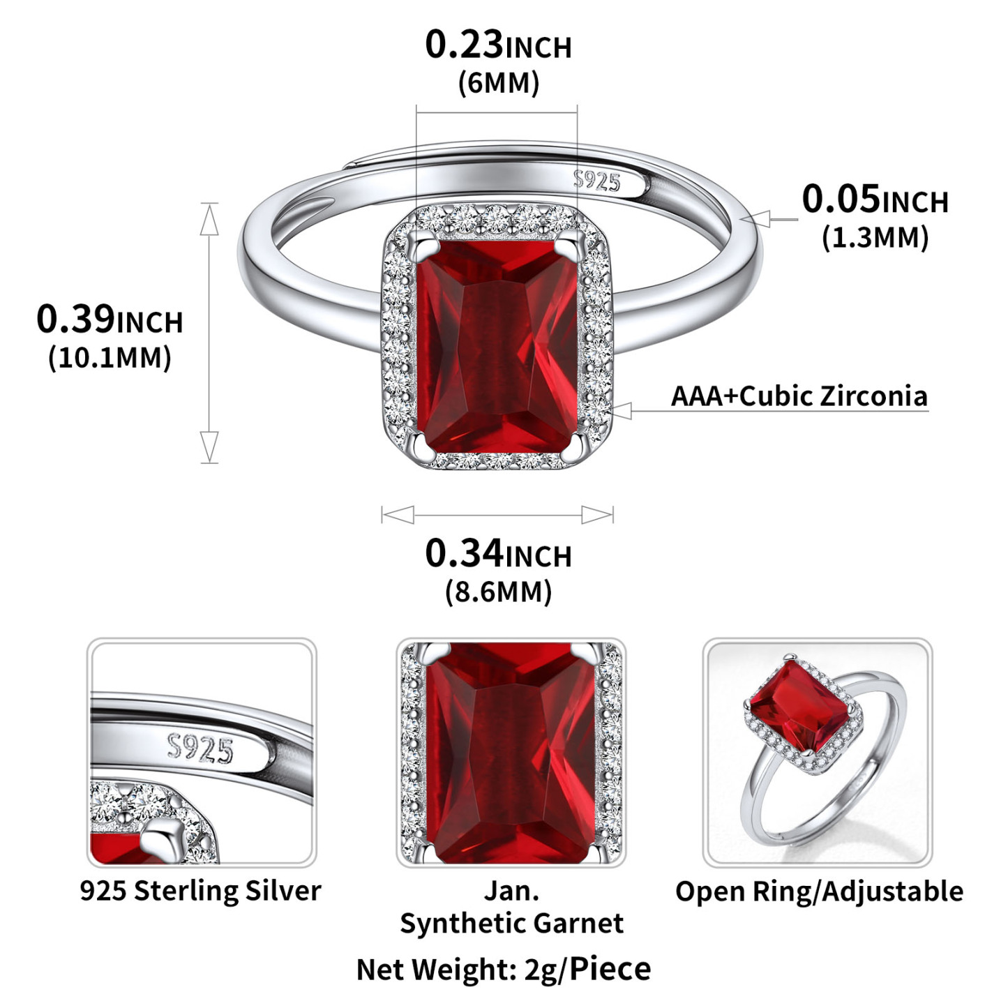 Birthstone Sterling Silver Emerald Cut Promise Ring for Women size