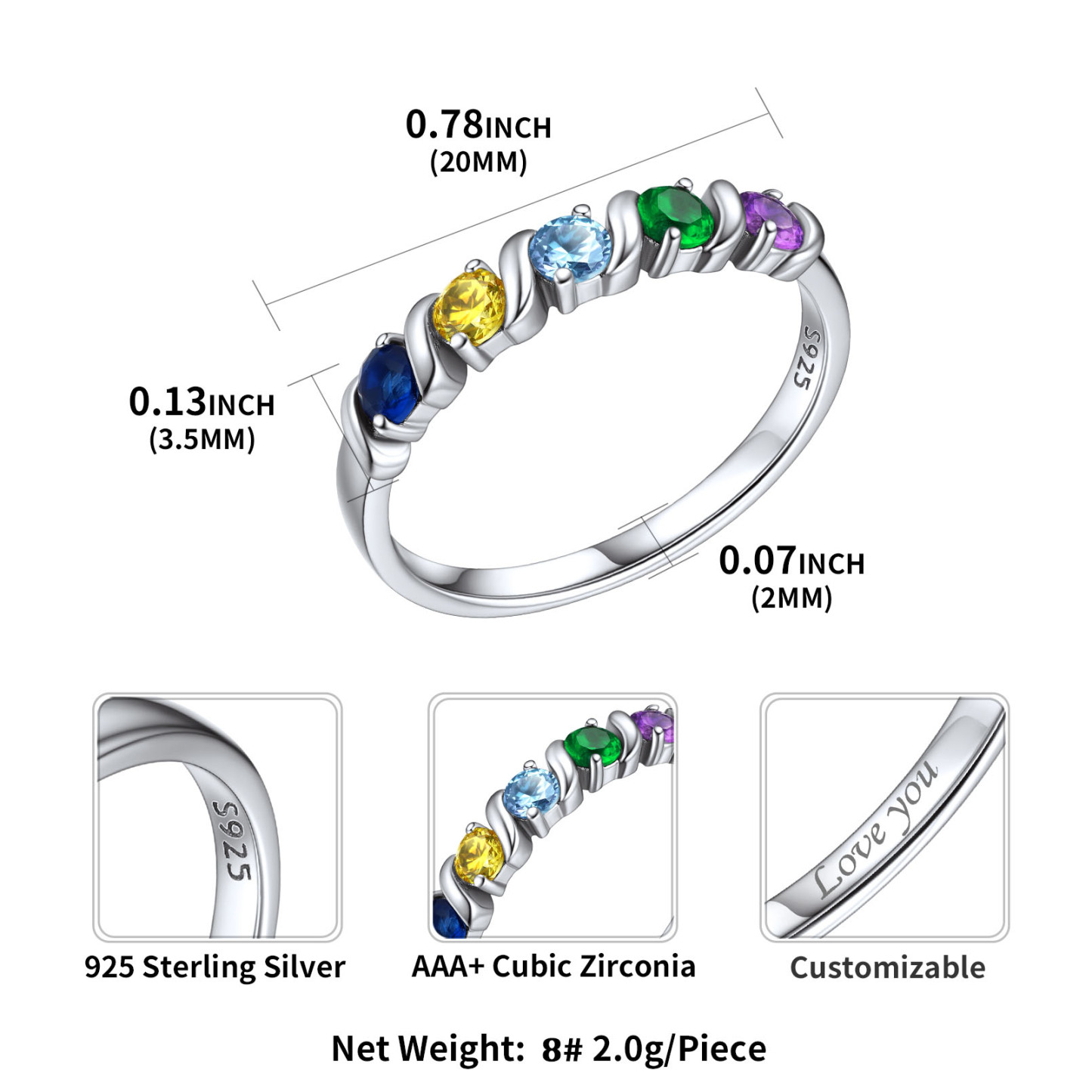 Personalized Sterling Silver Birthstone Ring 1-5 Birthstone Size