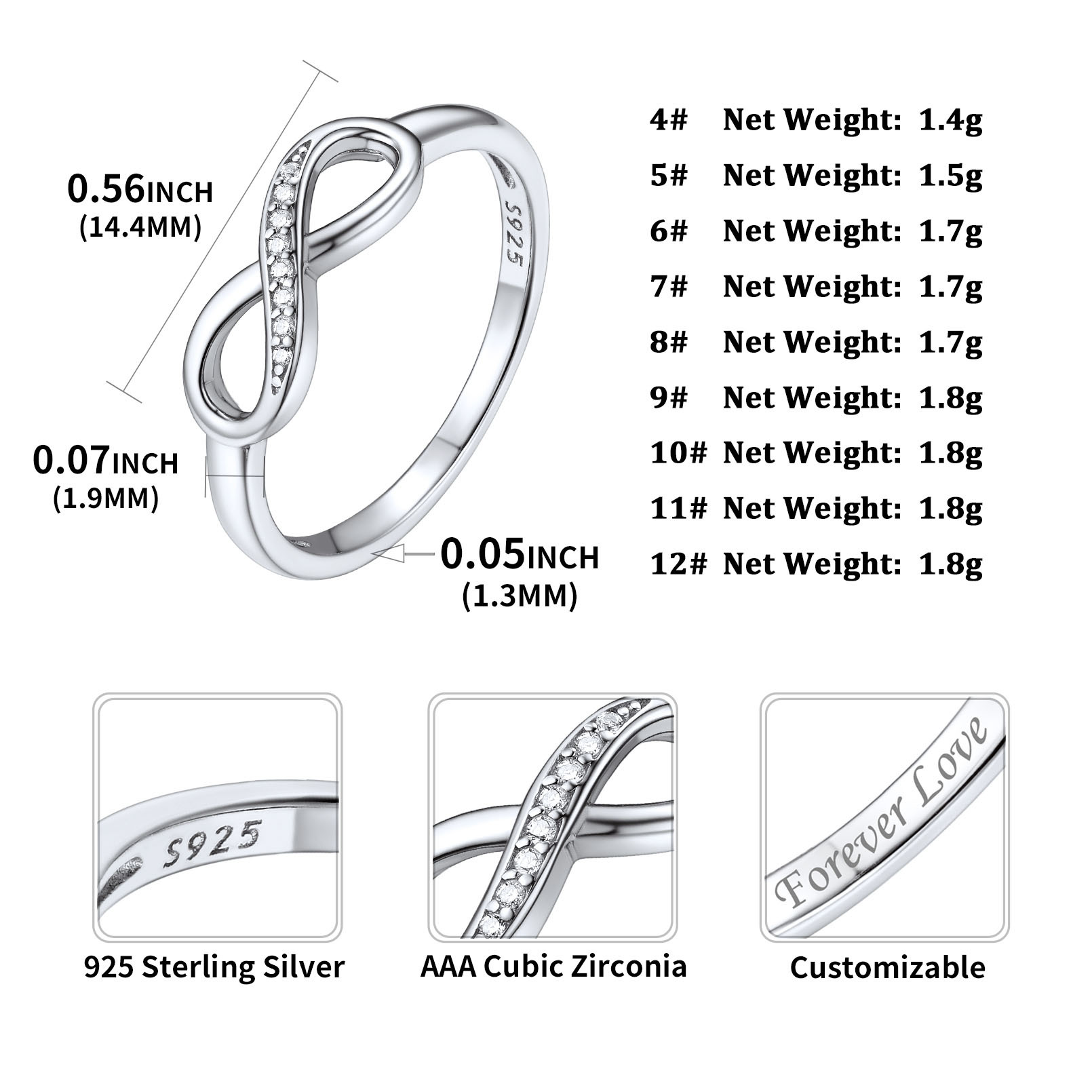 Custom Engraved 925 Sterling Silver Infinity Ring For Women size