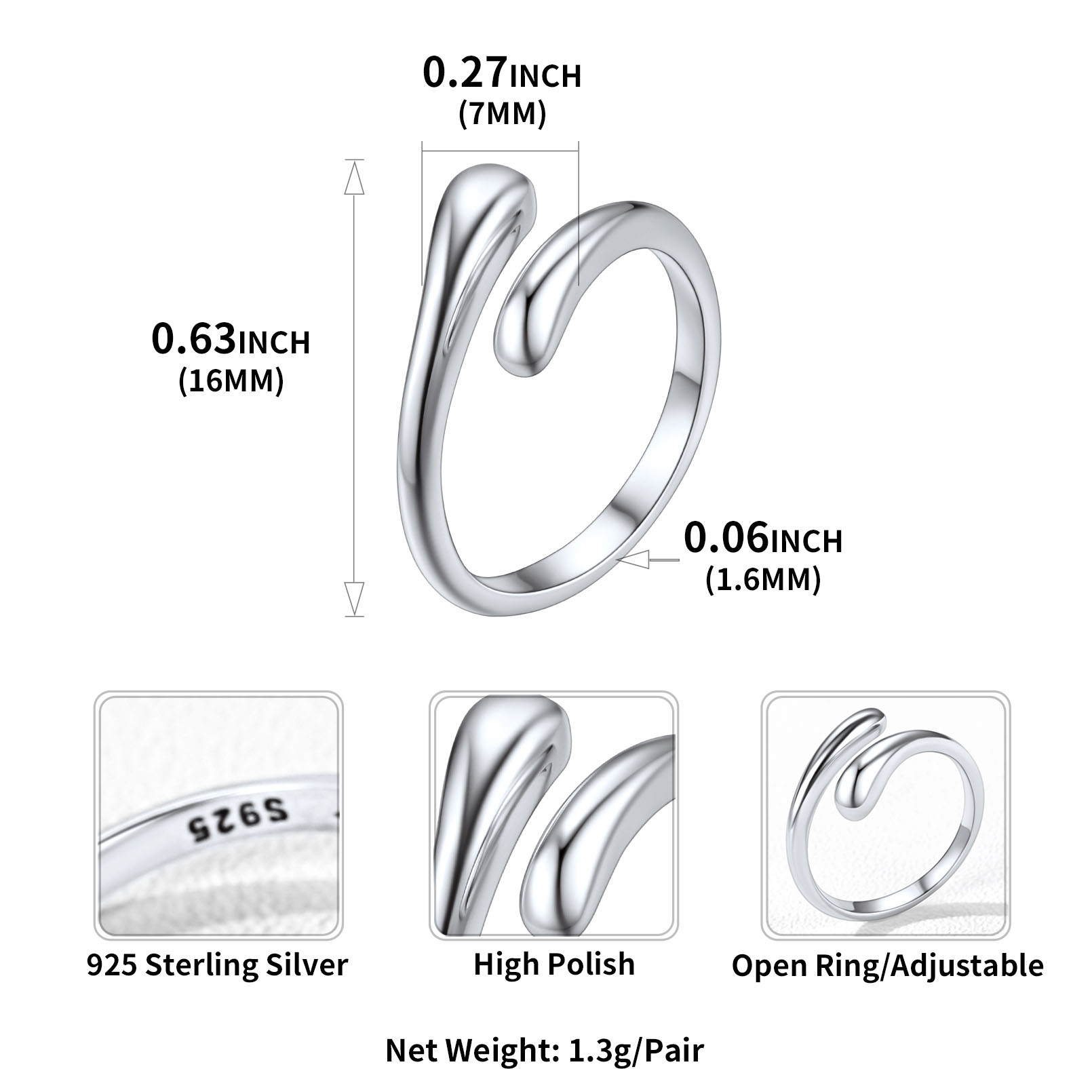  Sterling Silver Teardrop Toe Ring Minimalist Adjustable Foot Jewelry SIZE