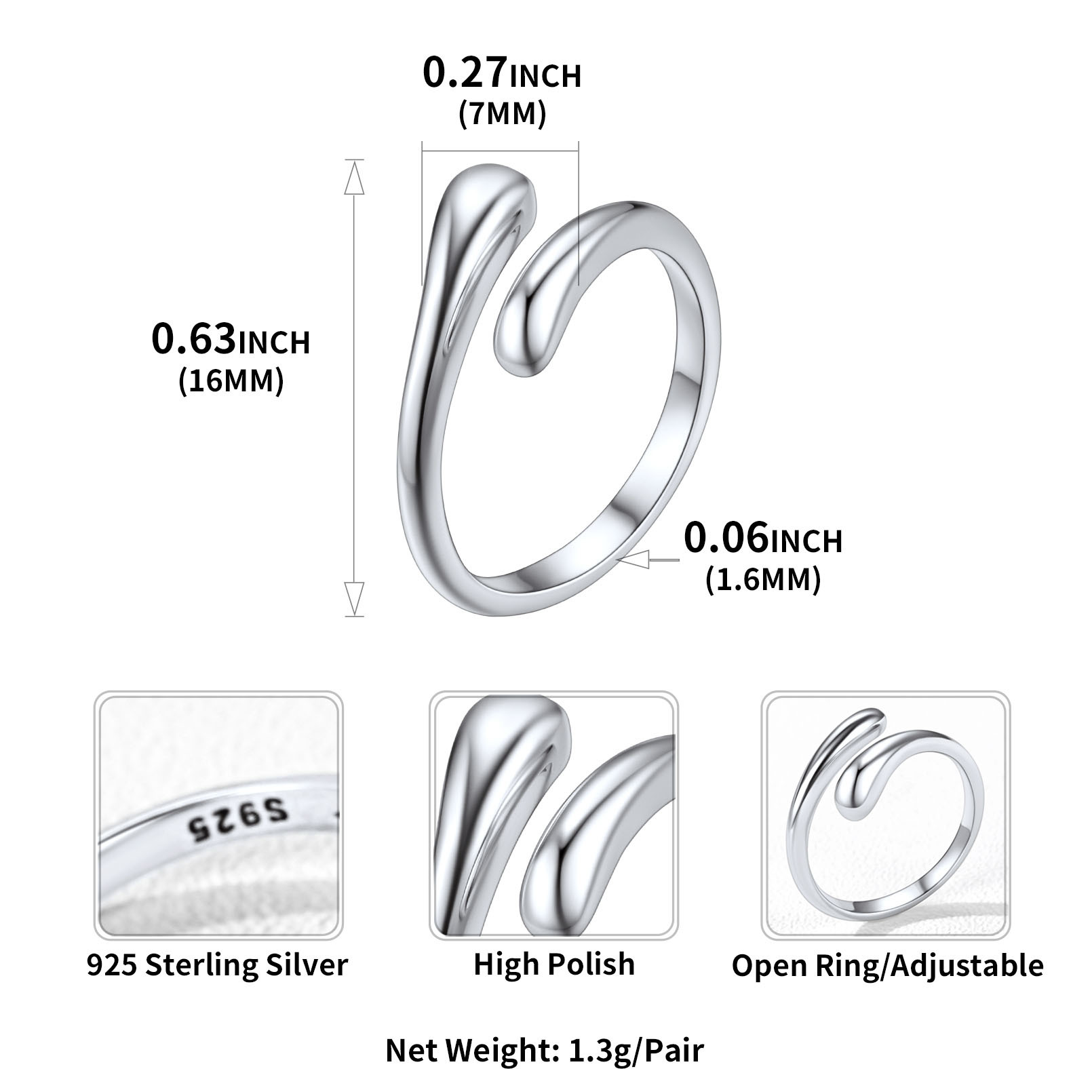  Sterling Silver Teardrop Toe Ring Minimalist Adjustable Foot Jewelry SIZE