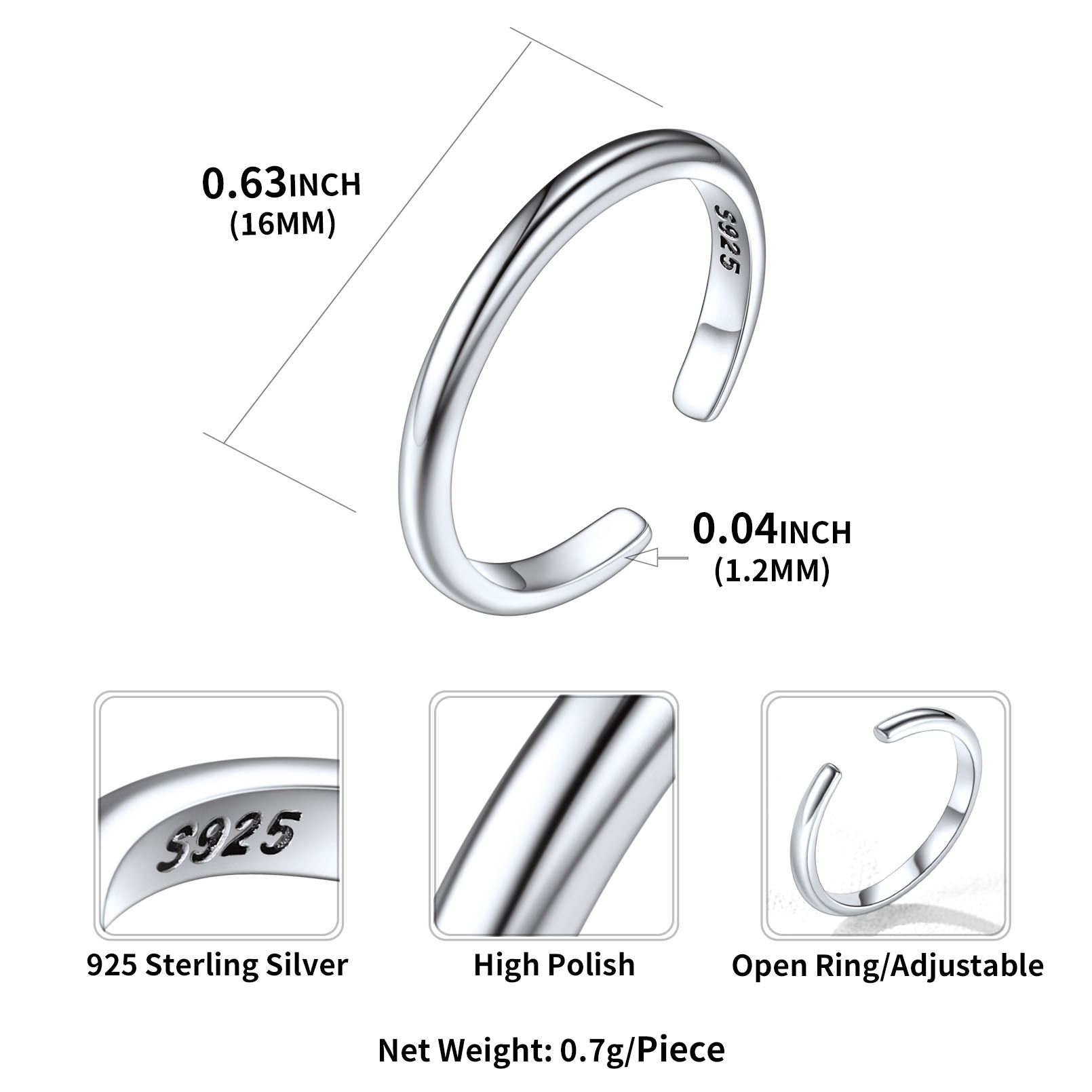 925 Sterling Silver Toe Ring Adjustable Band Ring Foot Jewelry