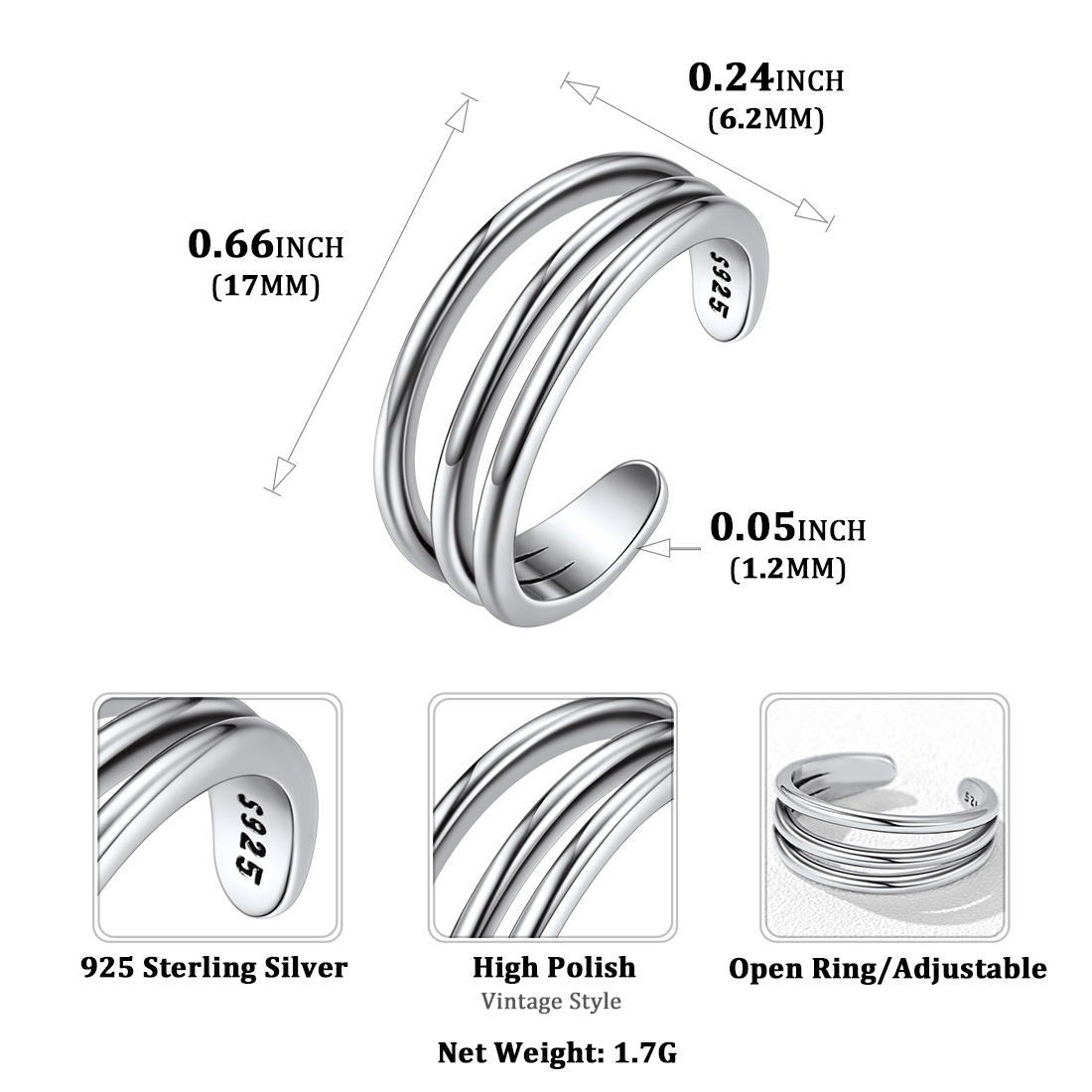 925 Sterling Silver Toe Ring Adjustable Band Ring Foot Jewelry