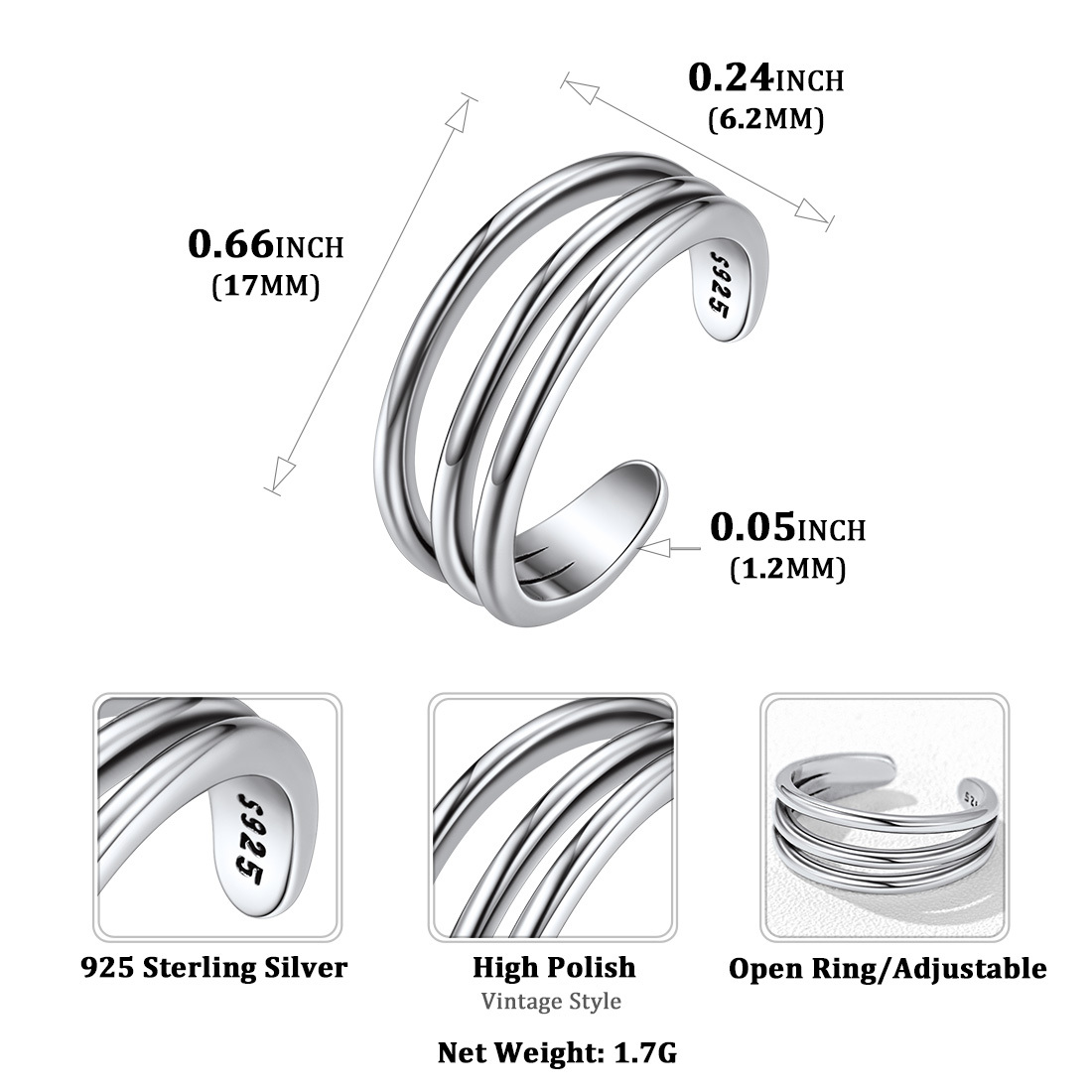 925 Sterling Silver Toe Ring Adjustable Band Ring Foot Jewelry