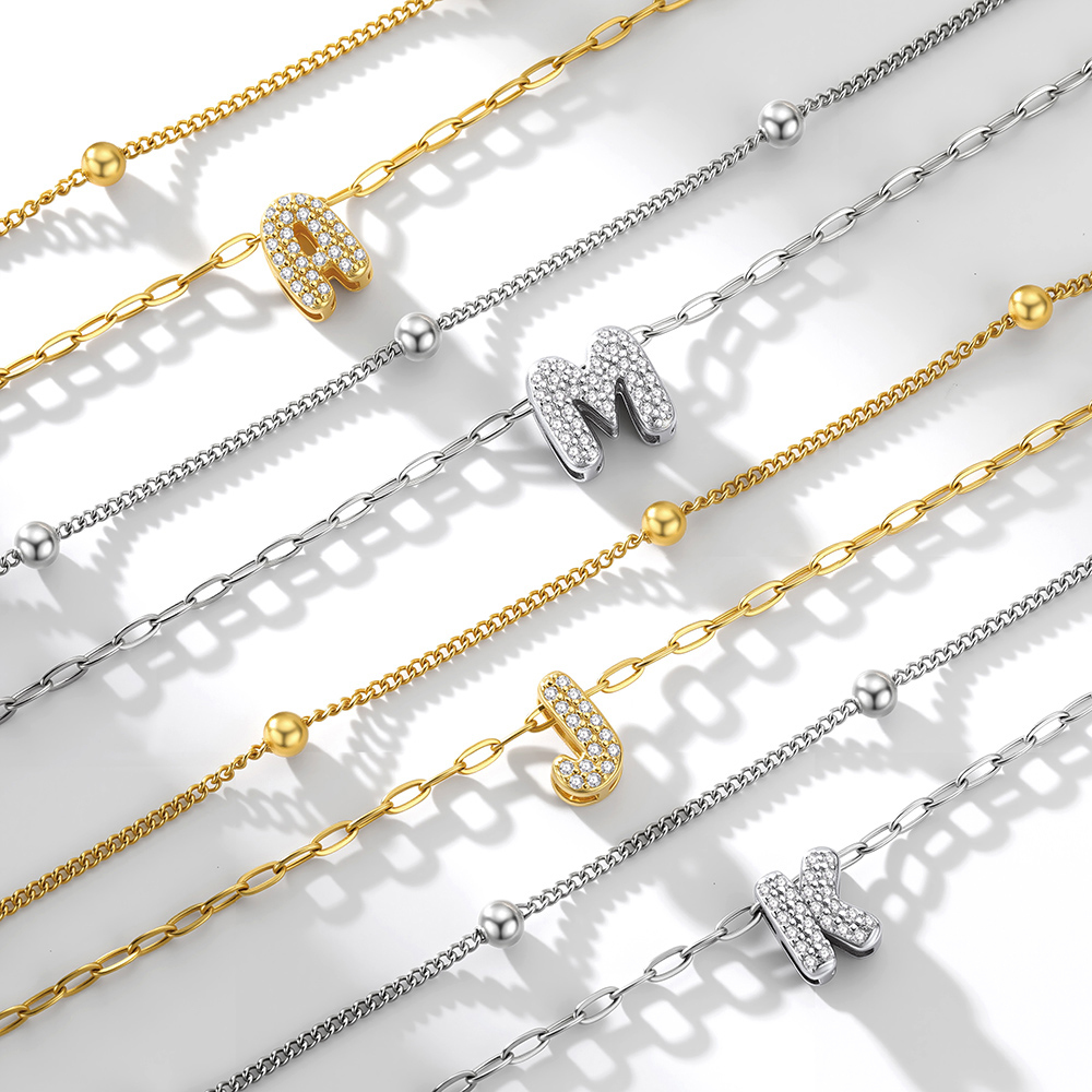 CZ Bubble Initial Anklet with Layered Chains 2 Colors
