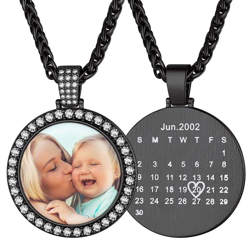 Personalized Calendar Photo Necklace With Cubic Zirconia black