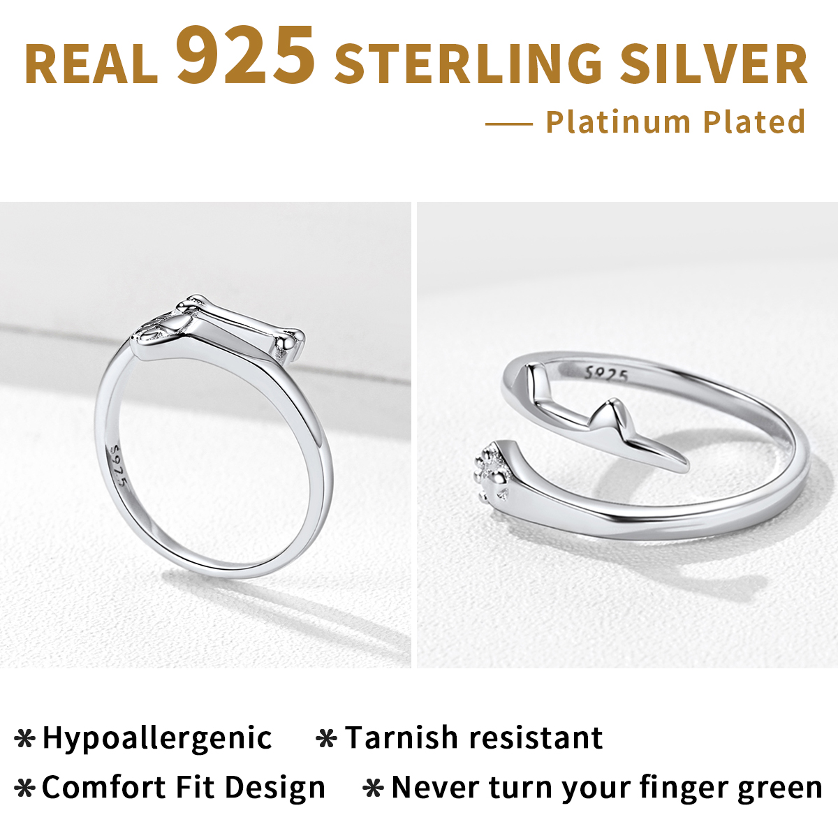 Engraved Cat Paw Adjustable Ring for Pet Lover Sterling Silver 
