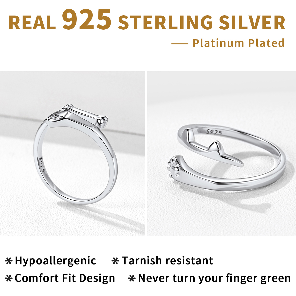 Engraved Cat Paw Adjustable Ring for Pet Lover Sterling Silver 