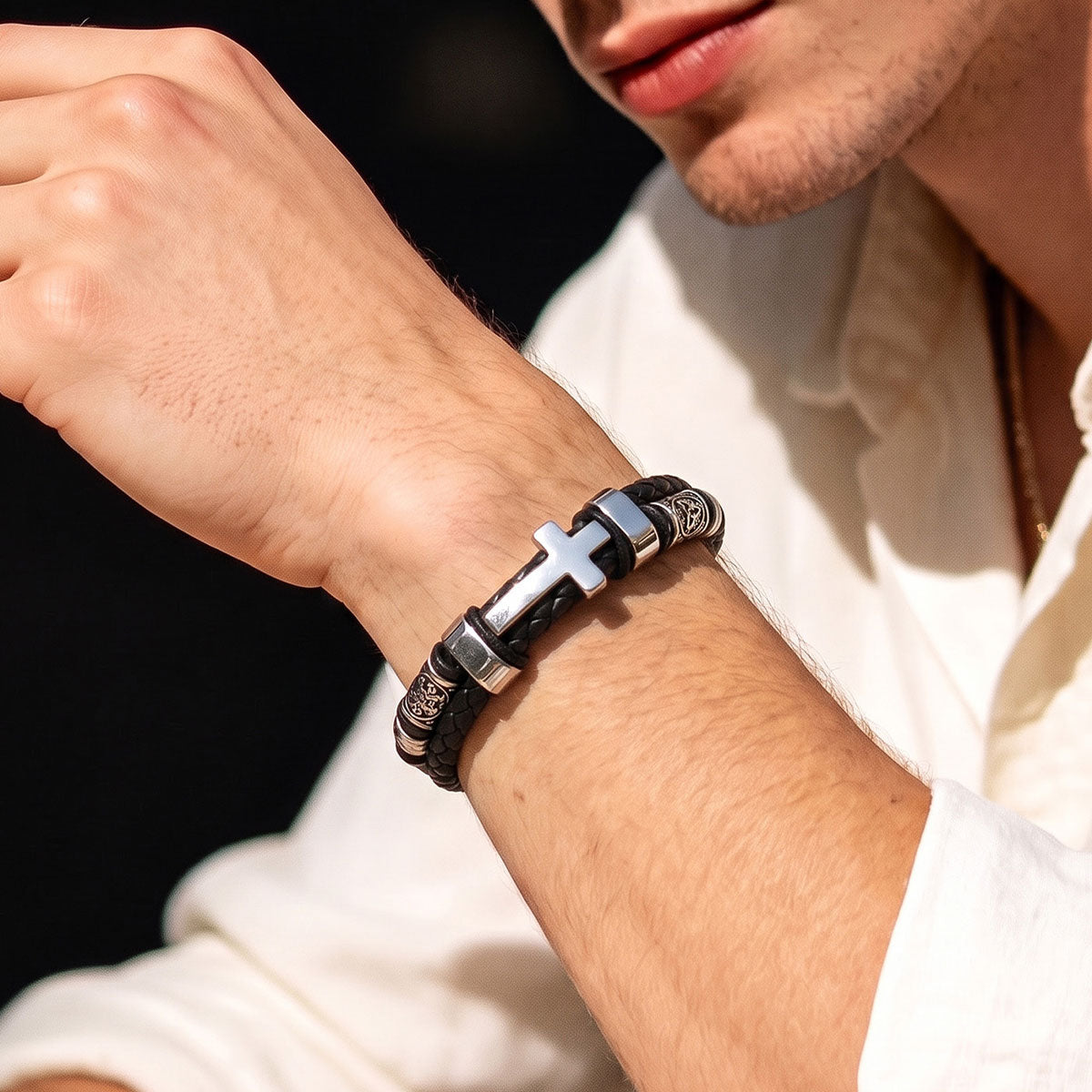 Celtic Knot Cross Braided Leather Bracelet Gift for Men