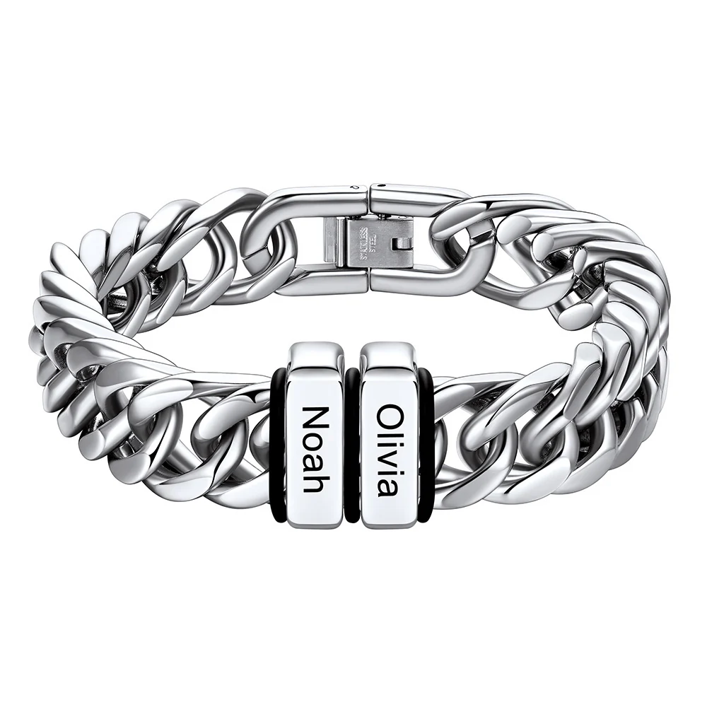 Personalized Mens Name Engraved Beads Chunky Cuban Link Bracelet