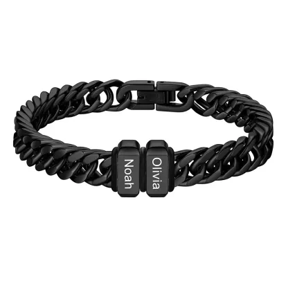 Personalized Mens Name Engraved Beads Chunky Cuban Link Bracelet